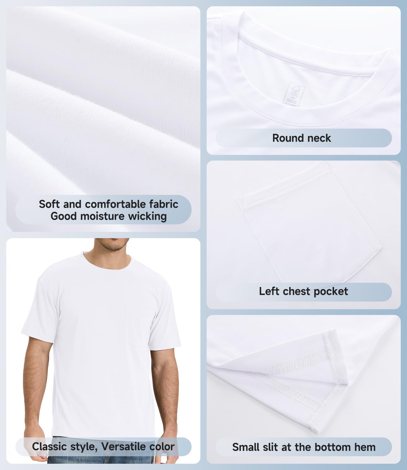 BAMBOO COOL Men's Pocket T-Shirts Heavy Weight Moisture-Wicking Tee Shirts Crewneck Short Sleeve T Shirts