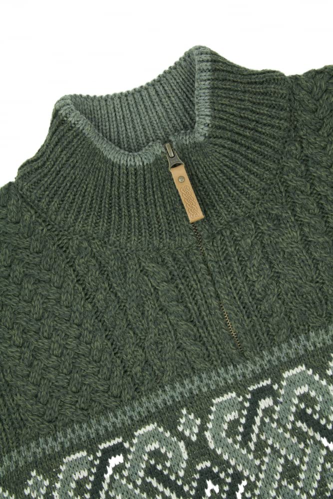 Aran Crafts Men's Irish Cable Knit Half Zip Jacquard Sweater (100% Merino Wool)
