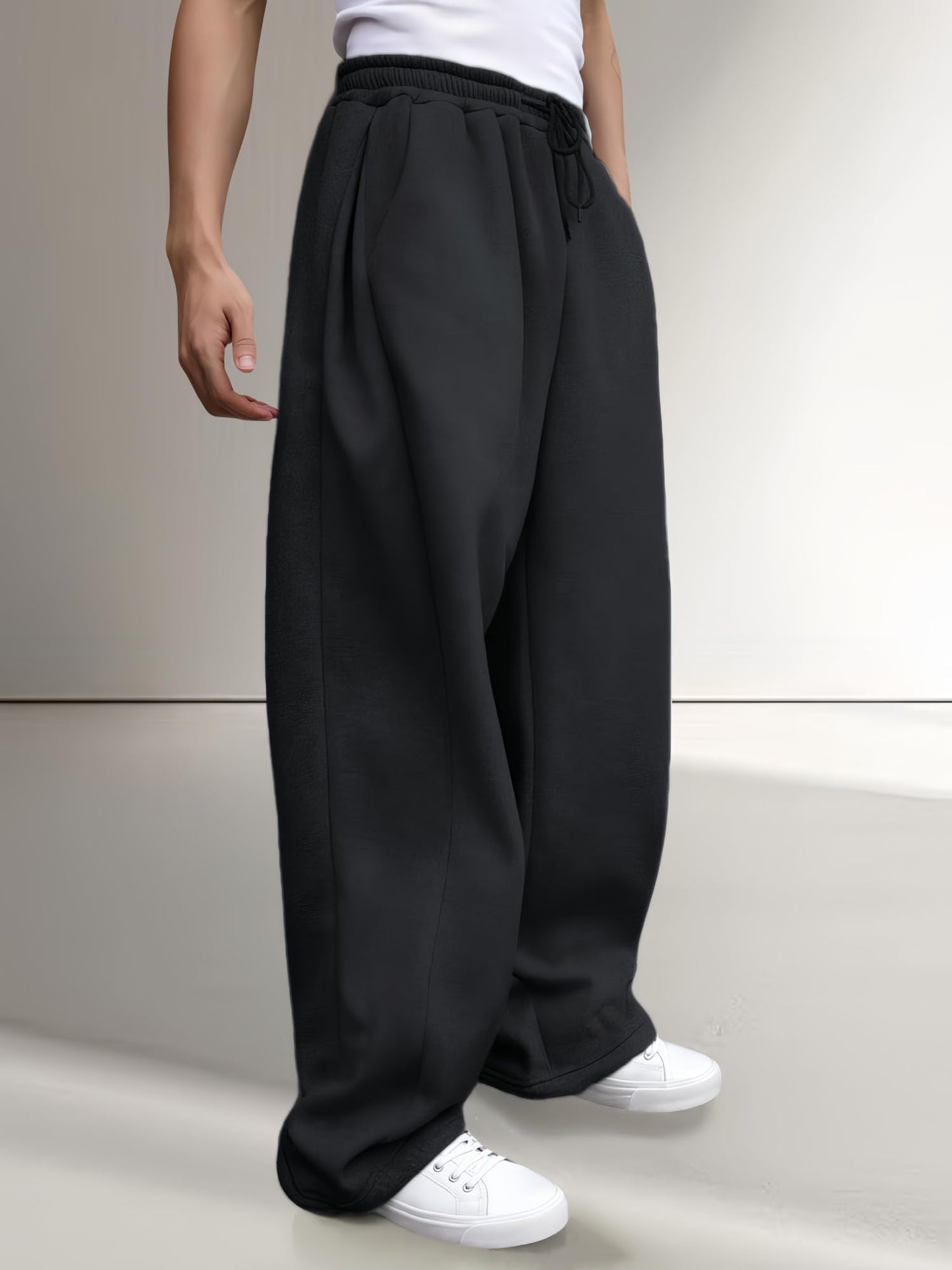 Men’s Baggy Sweatpants Wide Leg with Elastic Drawstring Waist, Casual Loose Lounge Joggers with Deep Pockets Fleece Comfort