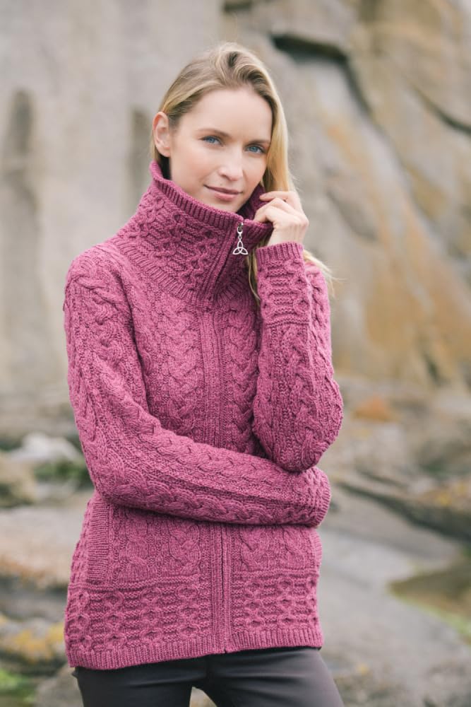 Aran Crafts Irish Women's Double Collar Zip Cardigan (100% Merino Wool)