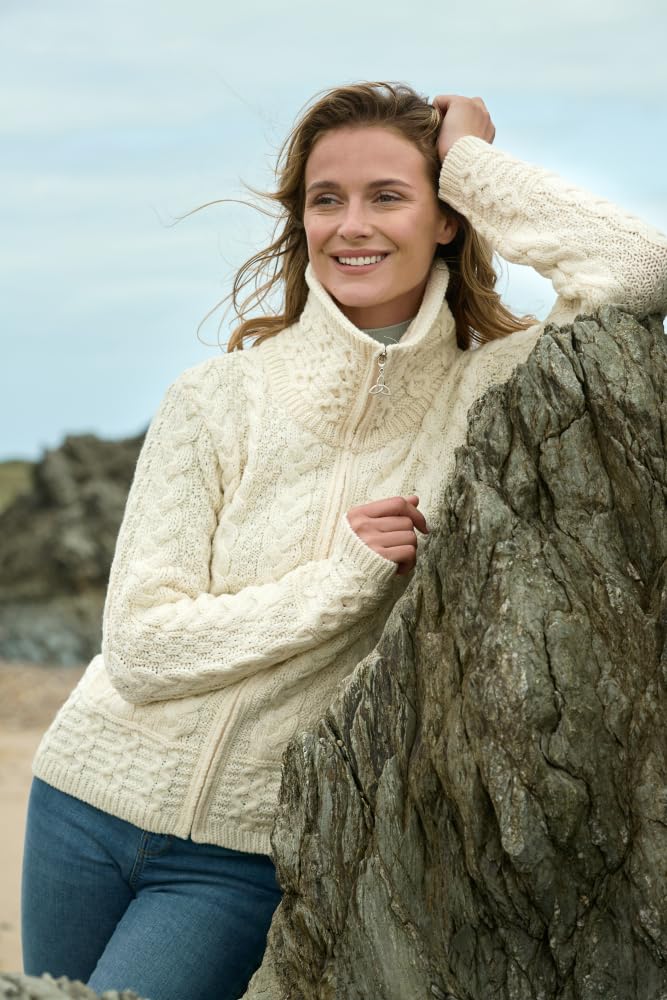 Aran Crafts Irish Women's Double Collar Zip Cardigan (100% Merino Wool)
