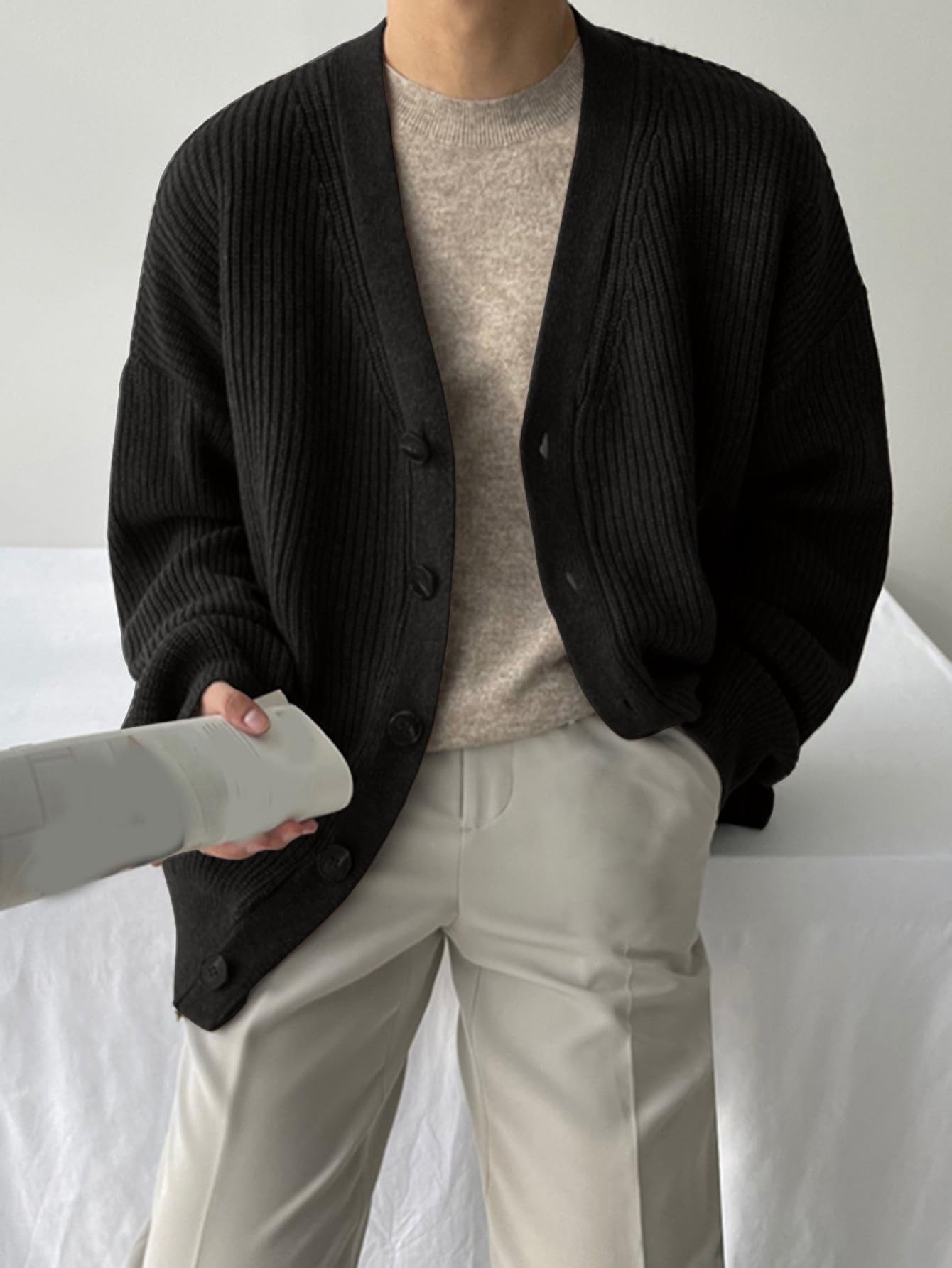 Floerns Men's Casual Long Sleeve Button Front V Neck Rib Knit Cardigan Sweaters
