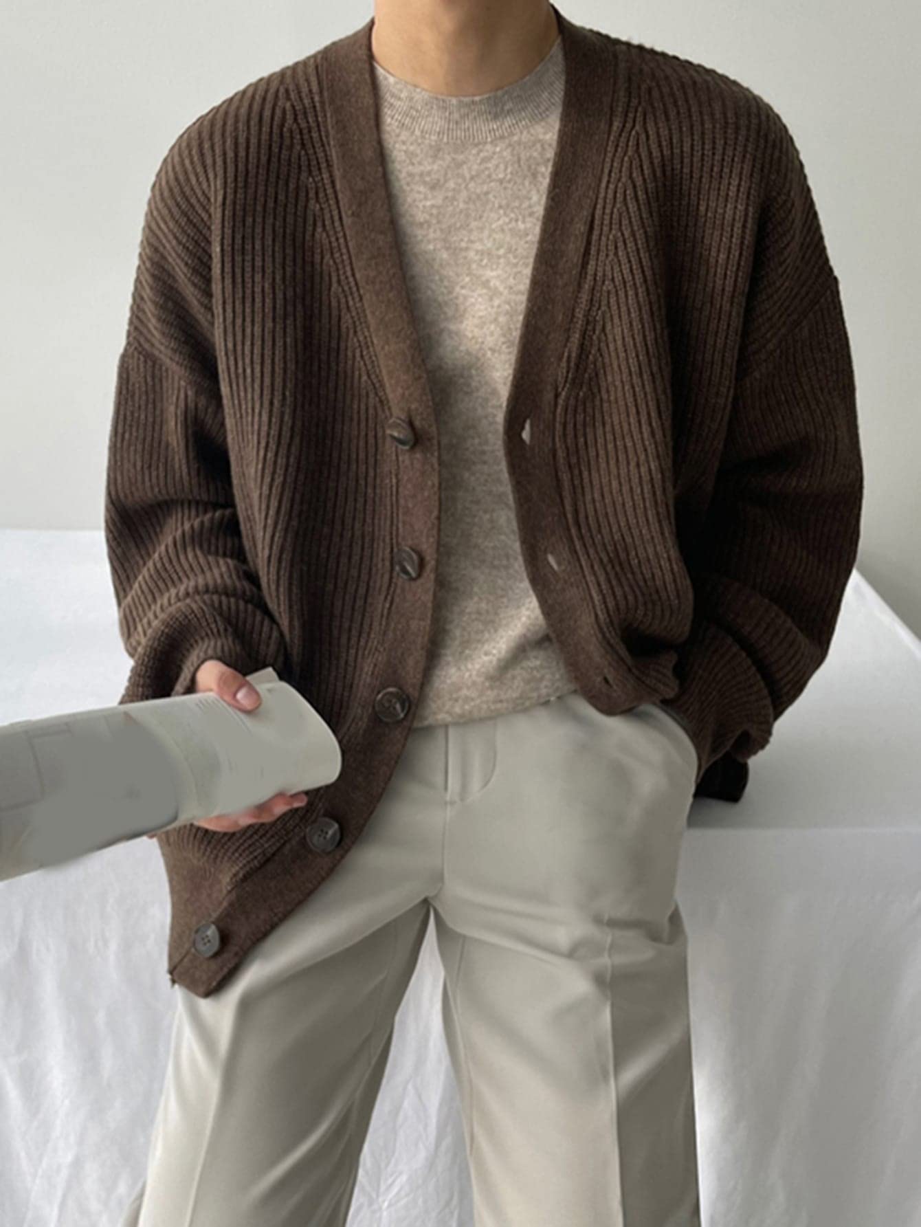Floerns Men's Casual Long Sleeve Button Front V Neck Rib Knit Cardigan Sweaters