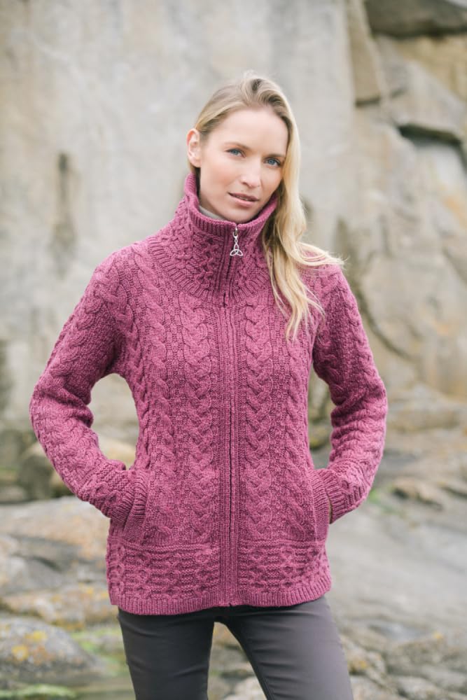 Aran Crafts Irish Women's Double Collar Zip Cardigan (100% Merino Wool)