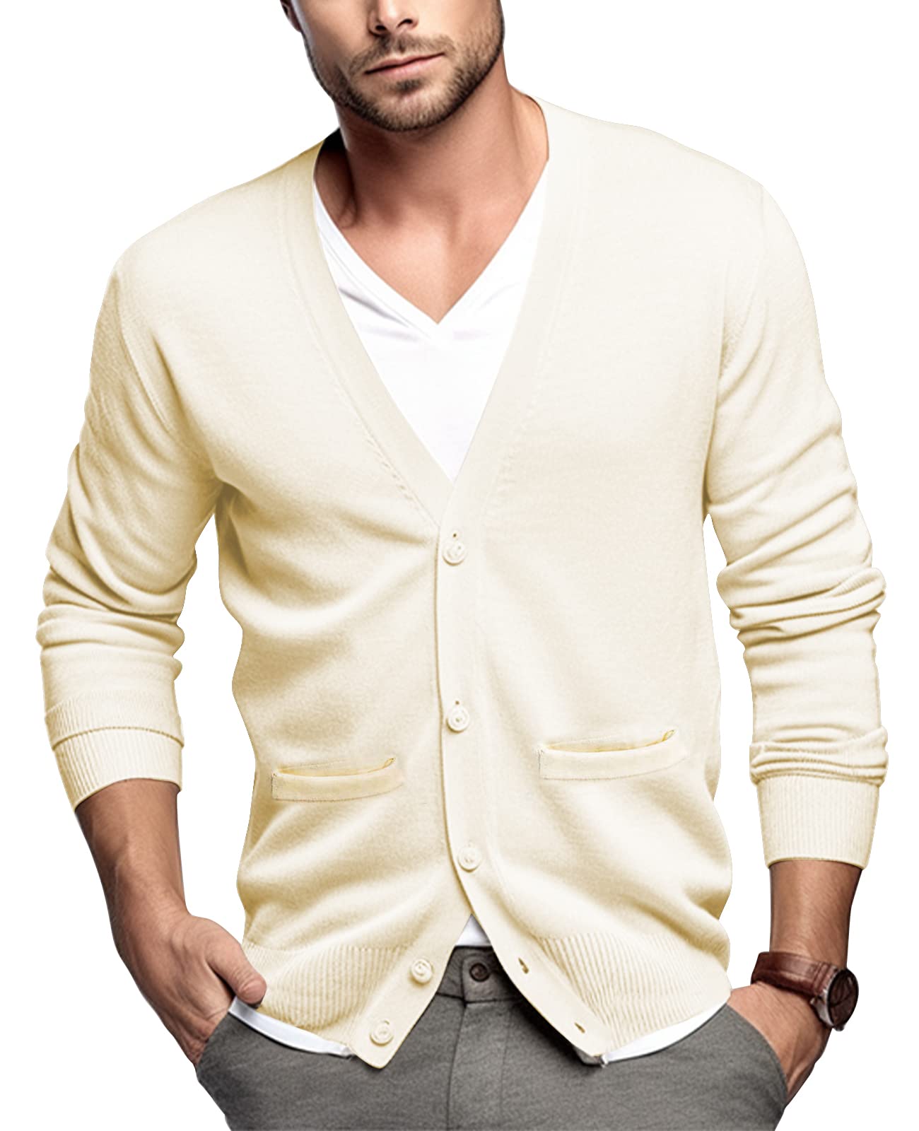 QUALFORT Men's 100% Cotton Cardigan Sweater Casual V-Neck Button Down Knitted Outerwear with Pockets Fall Fashion 2025