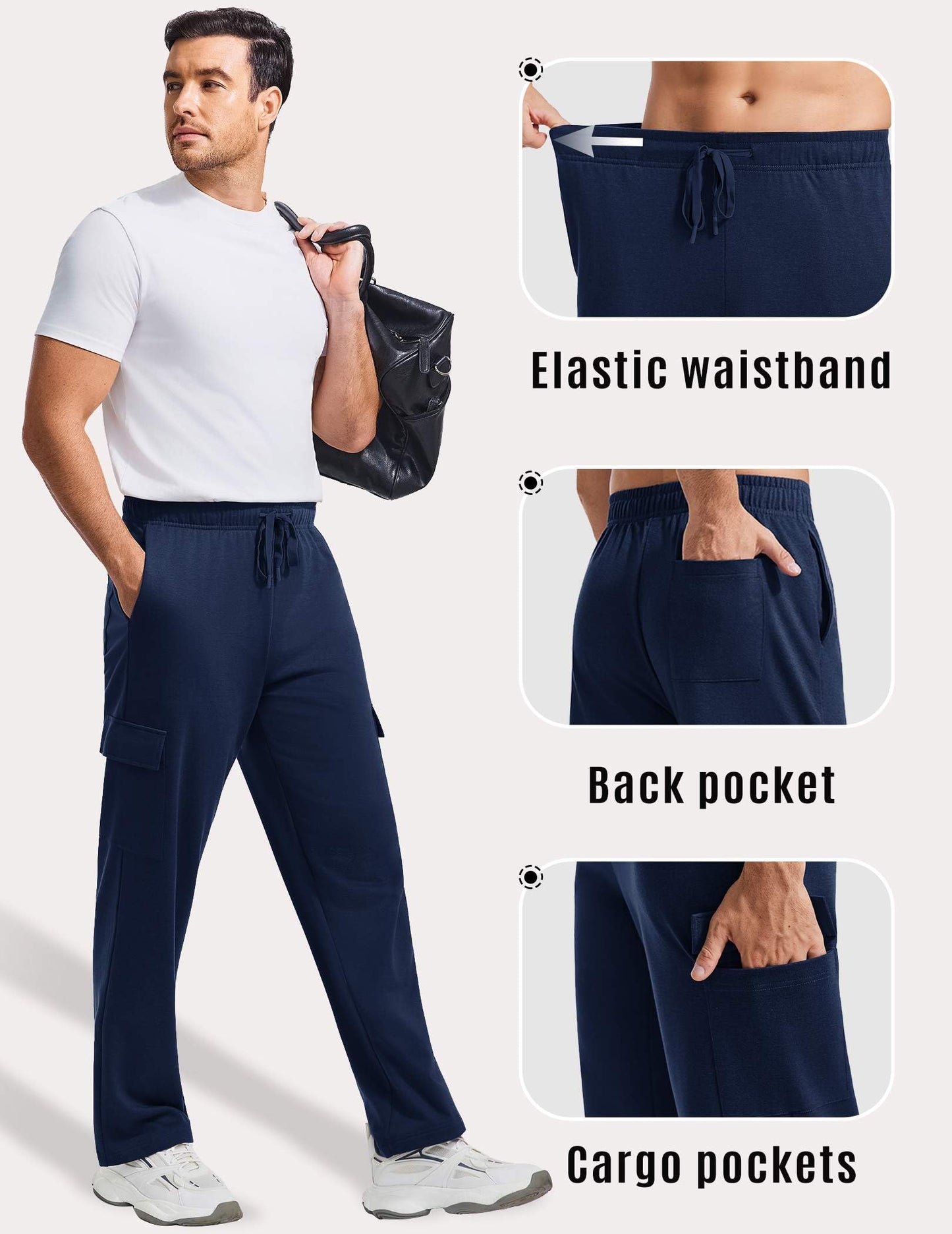 PINSPARK Cargo Sweatpants for Men with Pockets Open Bottom Baggy Cotton Sweatpants Lightweight Lounge Sweat Pants for Yoga