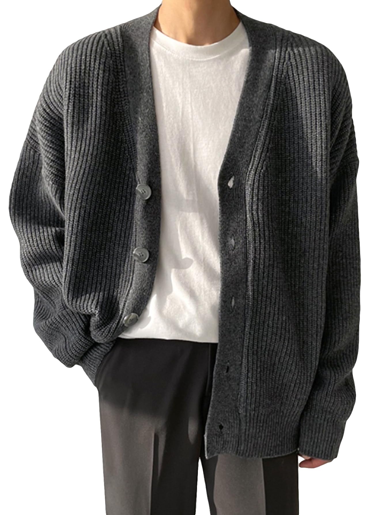 Floerns Men's Casual Long Sleeve Button Front V Neck Rib Knit Cardigan Sweaters