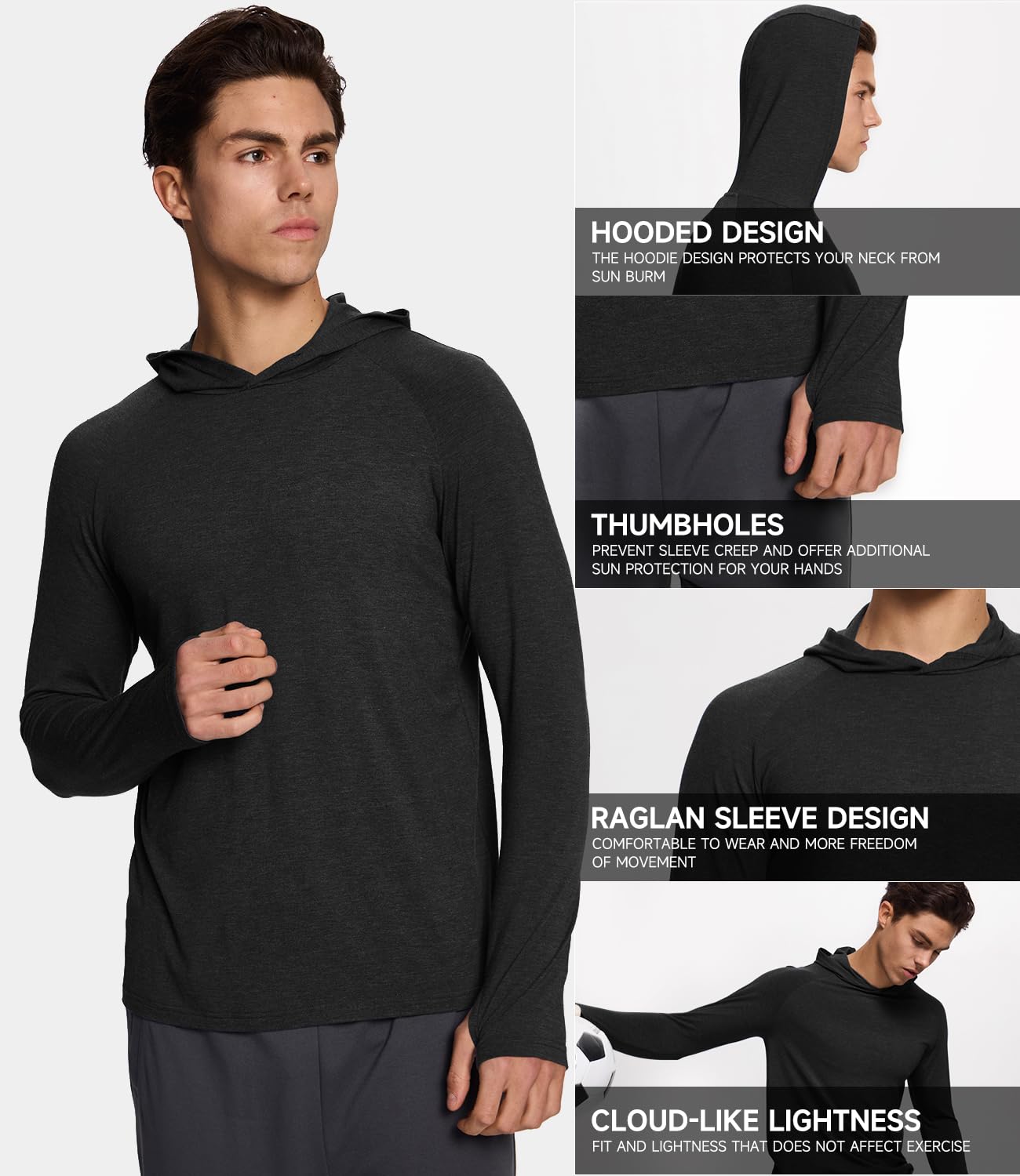BAMBOO COOL Men's UPF 50+ Athletic Sun Protection Hoodies Long Sleeve SPF Fishing Thumbhole Shirts Hooded Soft Lightweight