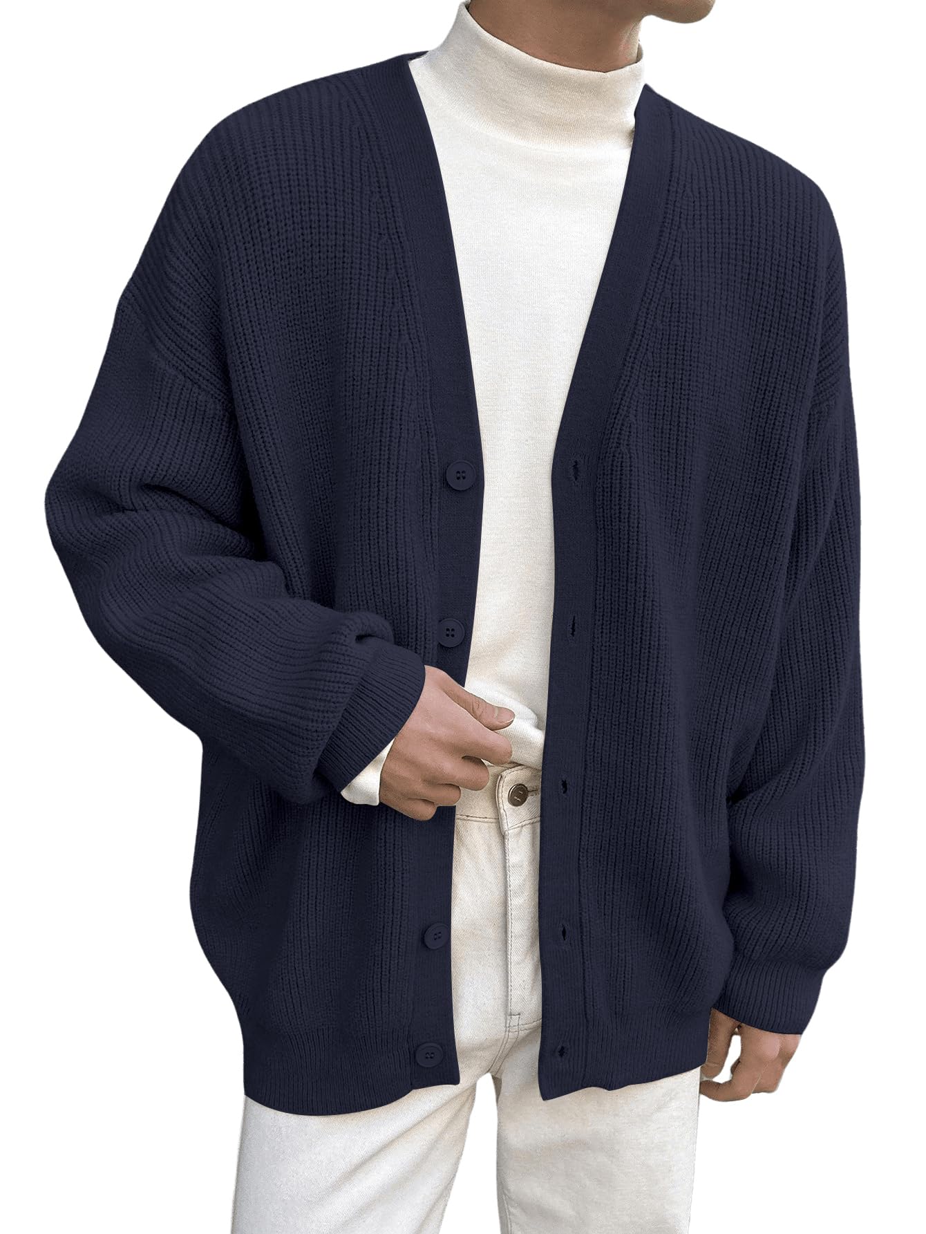 Floerns Men's Casual Long Sleeve Button Front V Neck Rib Knit Cardigan Sweaters