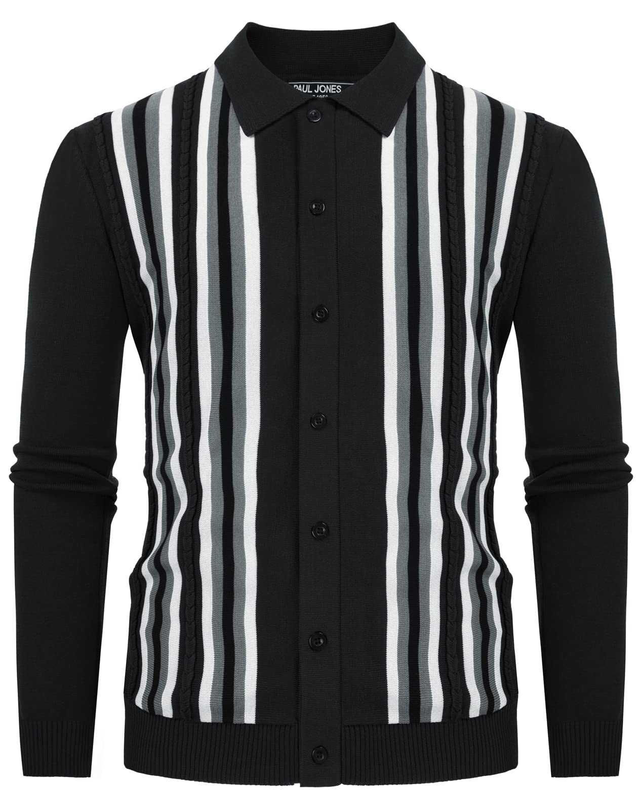 PJ PAUL JONES Mens Vintage Striped Knit Polo Shirt Long Sleeve Button Down Cardigan Sweater
