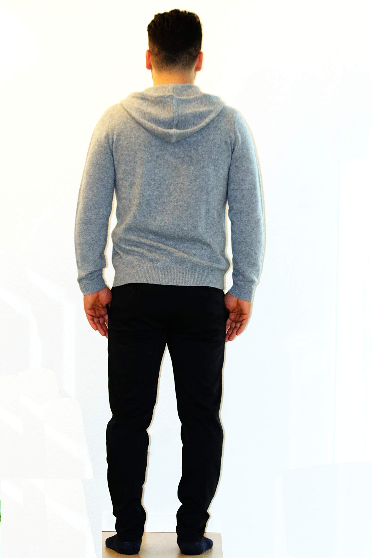 Men's Zip Hoodie Sweater 100% Cashmere Grey, Long Sleeve Jacket Front Pockets Knitted in 7 Gauge