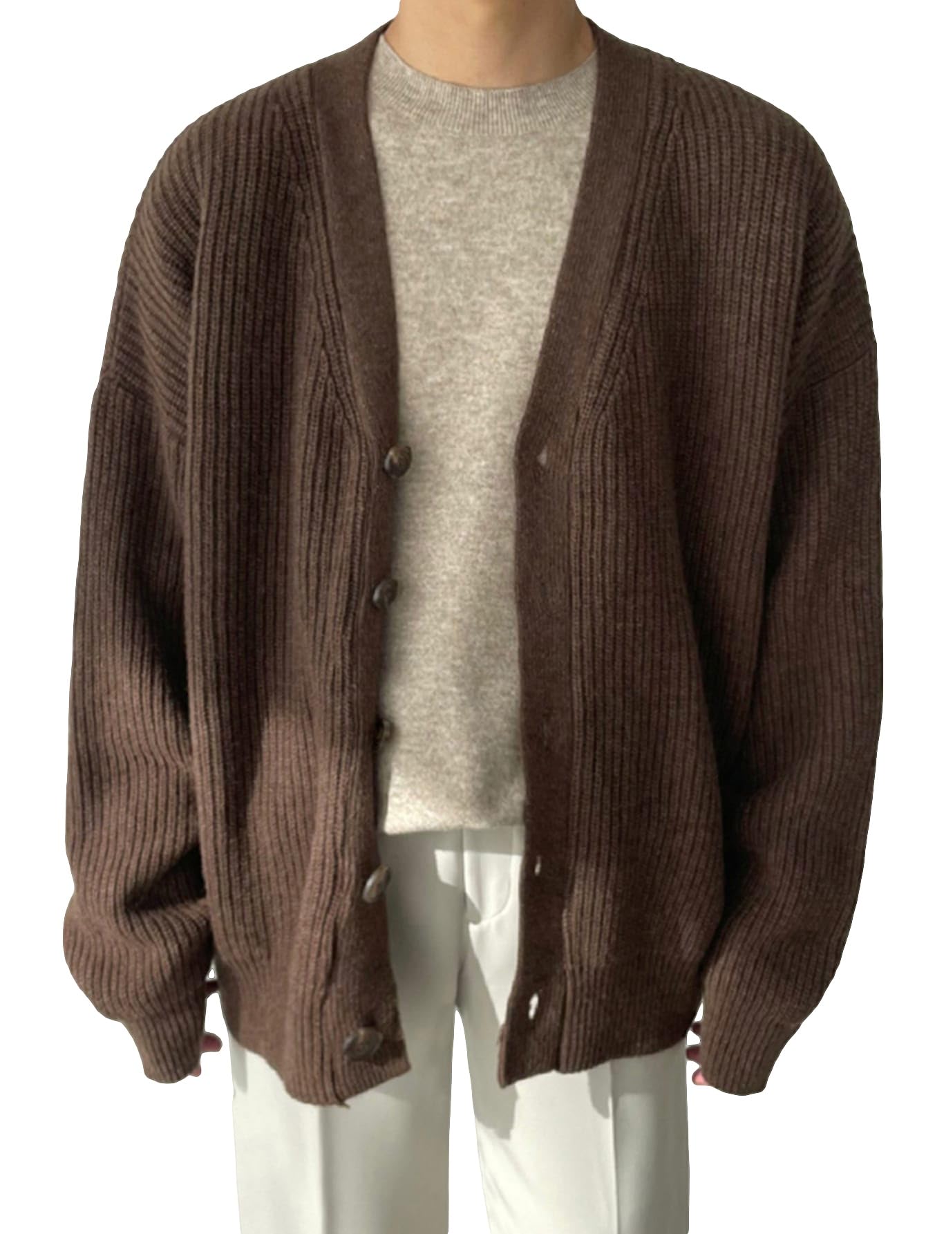 Floerns Men's Casual Long Sleeve Button Front V Neck Rib Knit Cardigan Sweaters
