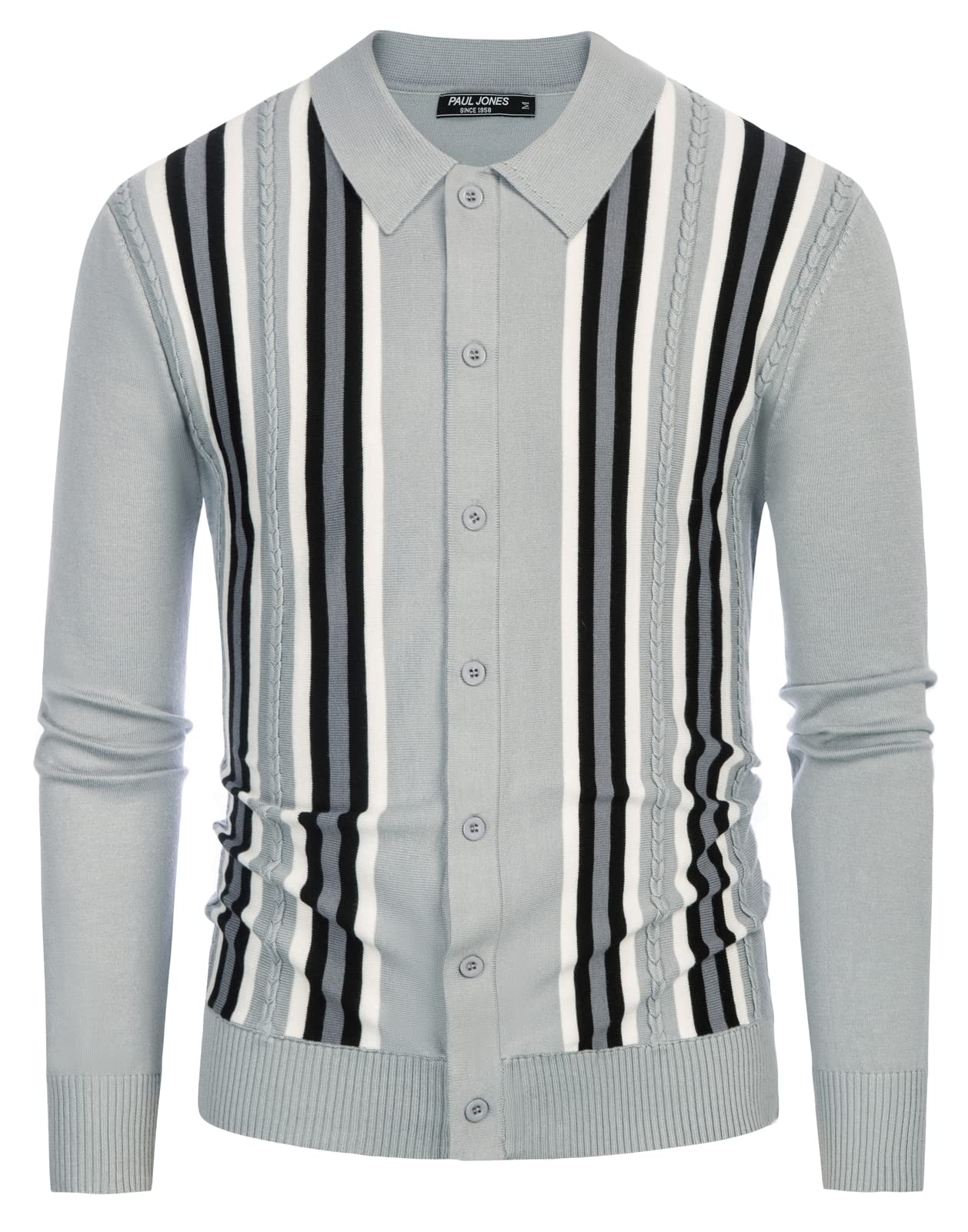 PJ PAUL JONES Mens Vintage Striped Knit Polo Shirt Long Sleeve Button Down Cardigan Sweater