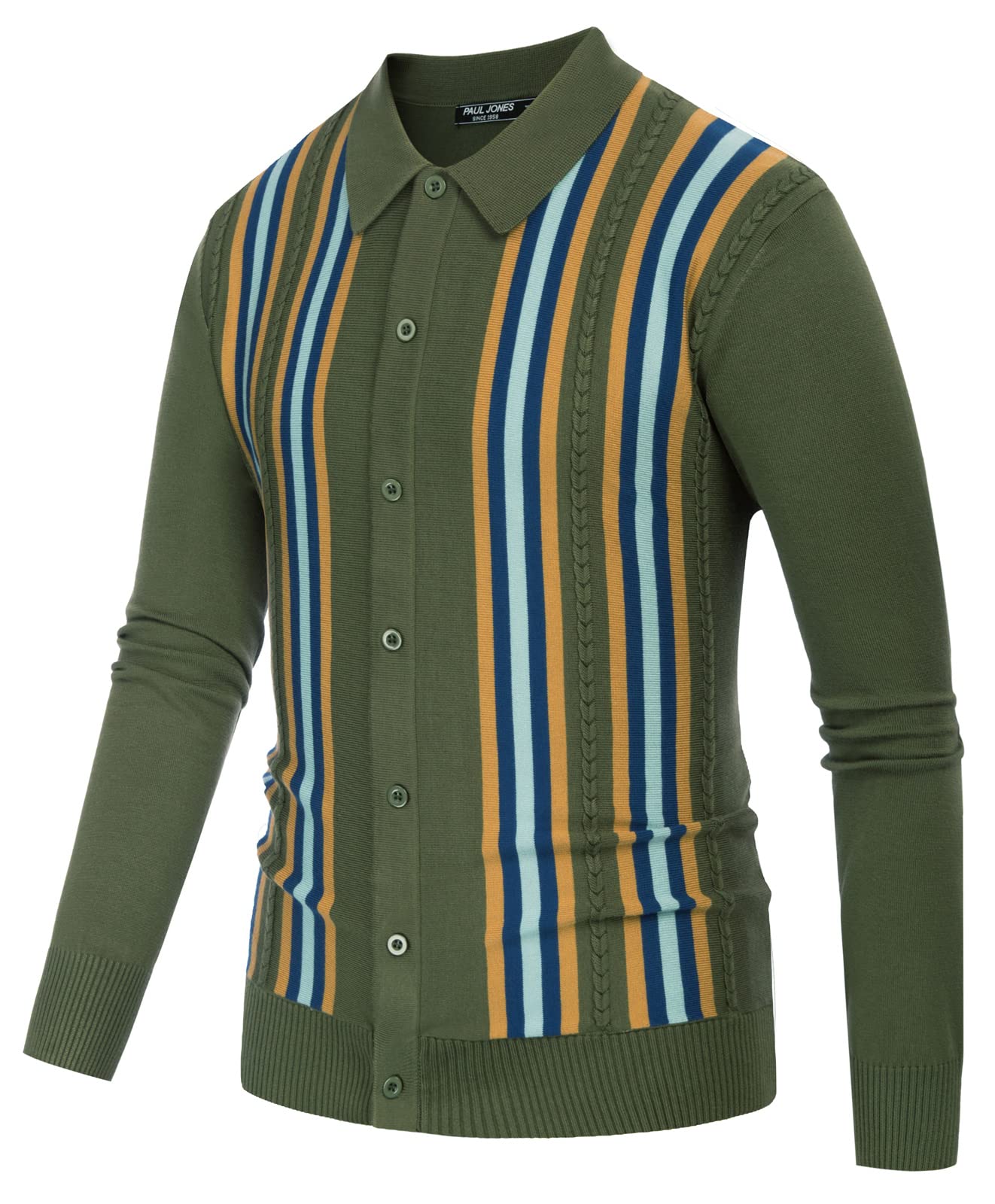 PJ PAUL JONES Mens Vintage Striped Knit Polo Shirt Long Sleeve Button Down Cardigan Sweater