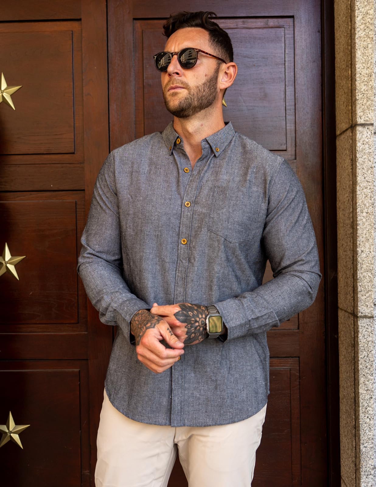 PJ PAUL JONES Mens Classic Fit Linen-Cotton Shirt Button Down Long Sleeve Casual Business Shirts