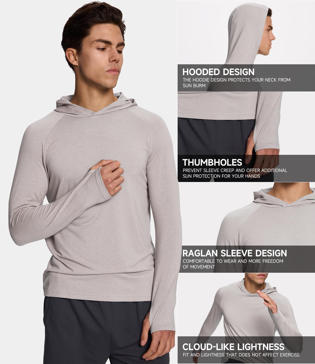 BAMBOO COOL Men's UPF 50+ Athletic Sun Protection Hoodies Long Sleeve SPF Fishing Thumbhole Shirts Hooded Soft Lightweight