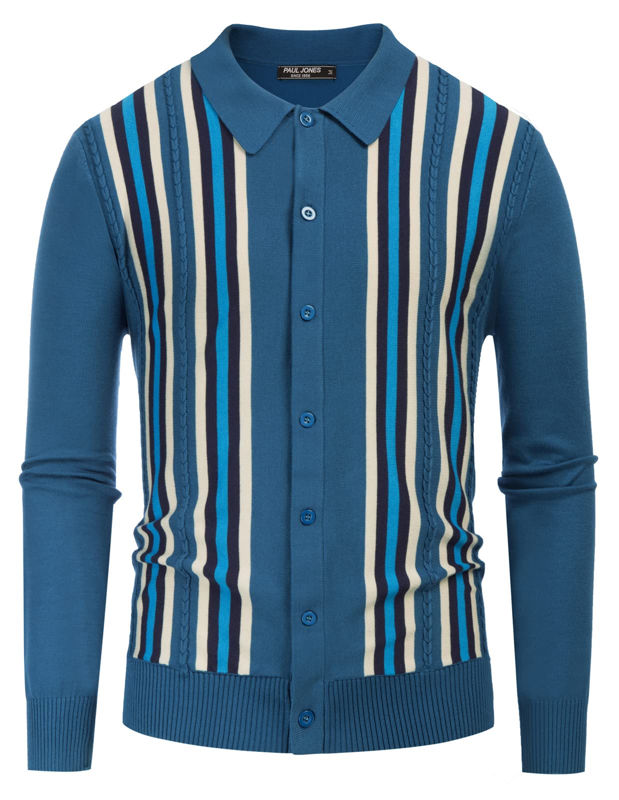 PJ PAUL JONES Mens Vintage Striped Knit Polo Shirt Long Sleeve Button Down Cardigan Sweater