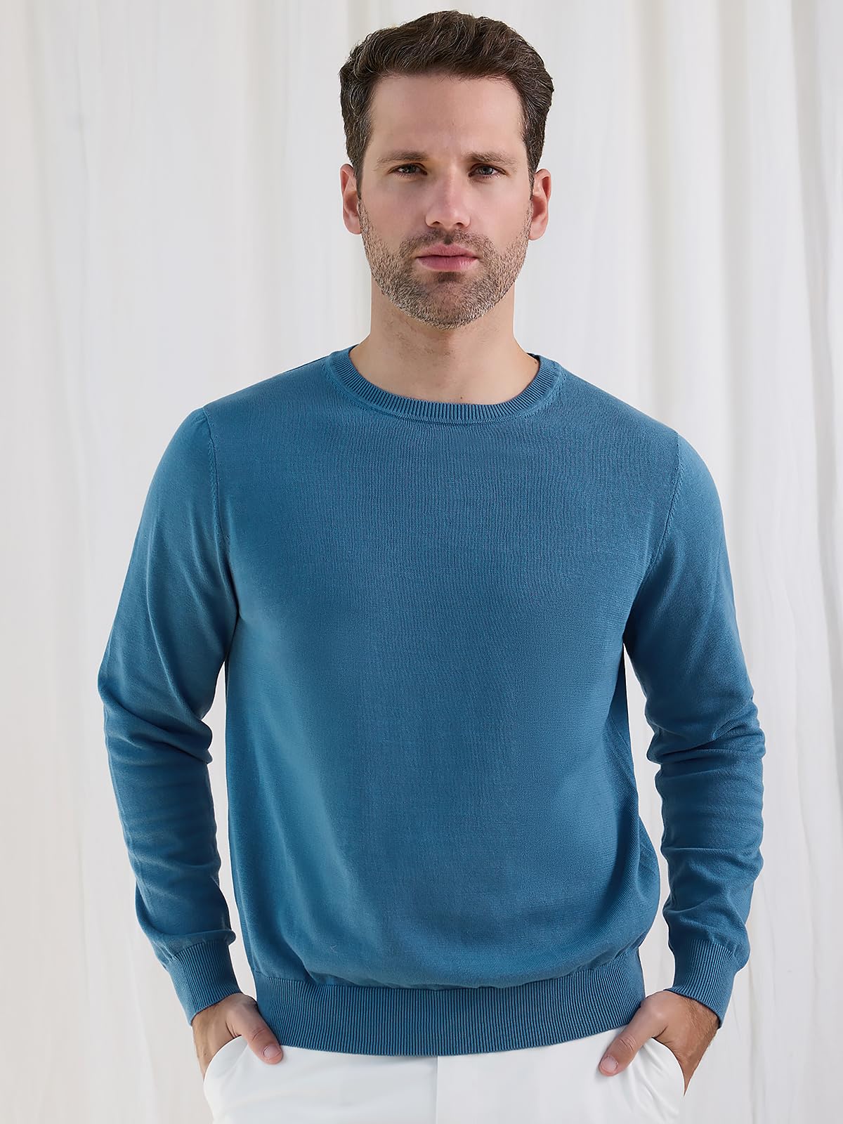 Pure BCI Cotton Lightweight Sweater for Men Crewneck T-Shirts Casual Long Sleeve Knit Pullover Fall Spring