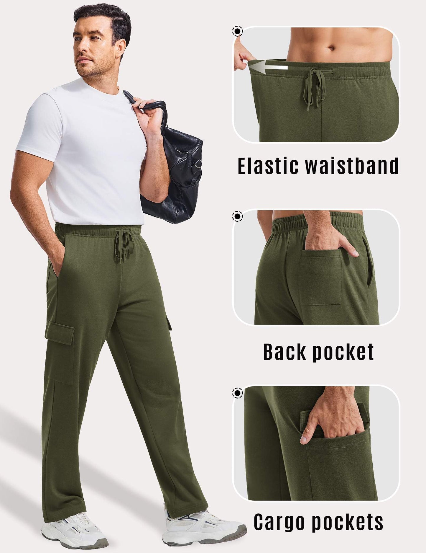 PINSPARK Cargo Sweatpants for Men with Pockets Open Bottom Baggy Cotton Sweatpants Lightweight Lounge Sweat Pants for Yoga