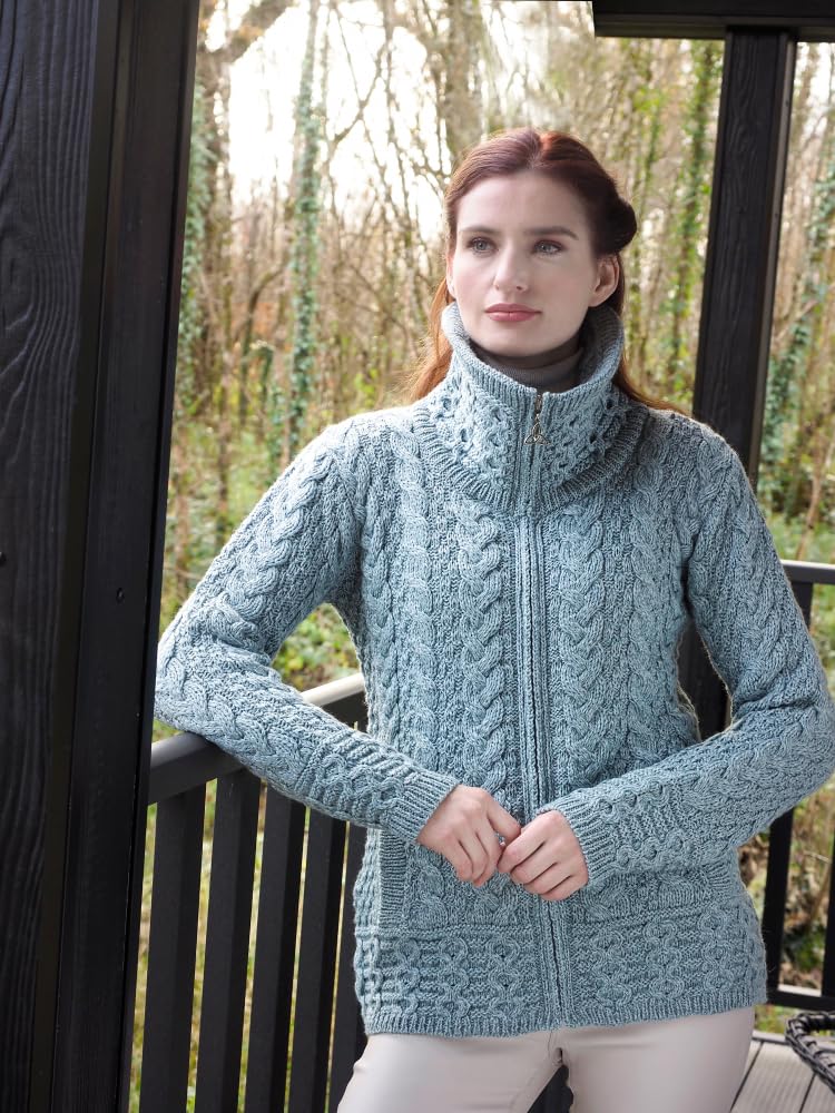 Aran Crafts Irish Women's Double Collar Zip Cardigan (100% Merino Wool)