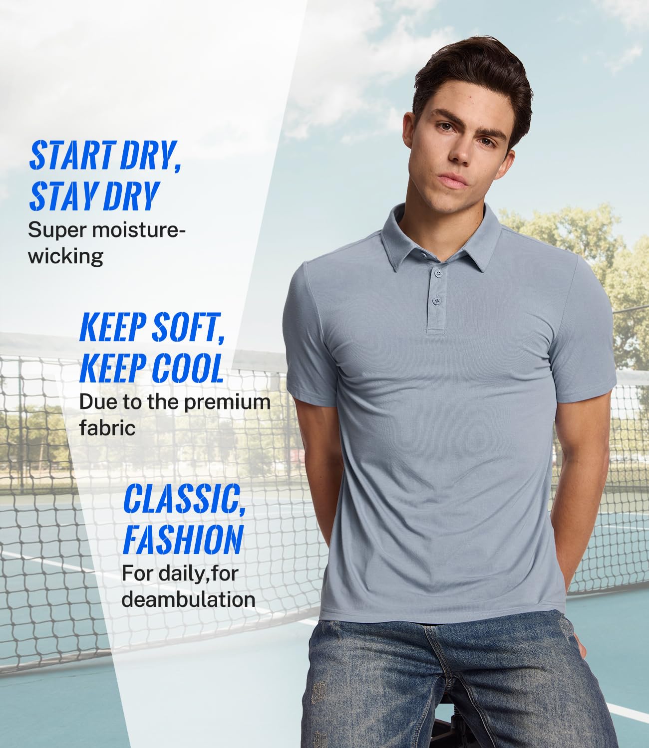 BAMBOO COOL Men's Polo Shirts Slim Fit Moisture Wicking Golf Shirts Performance Short Sleeve for Men