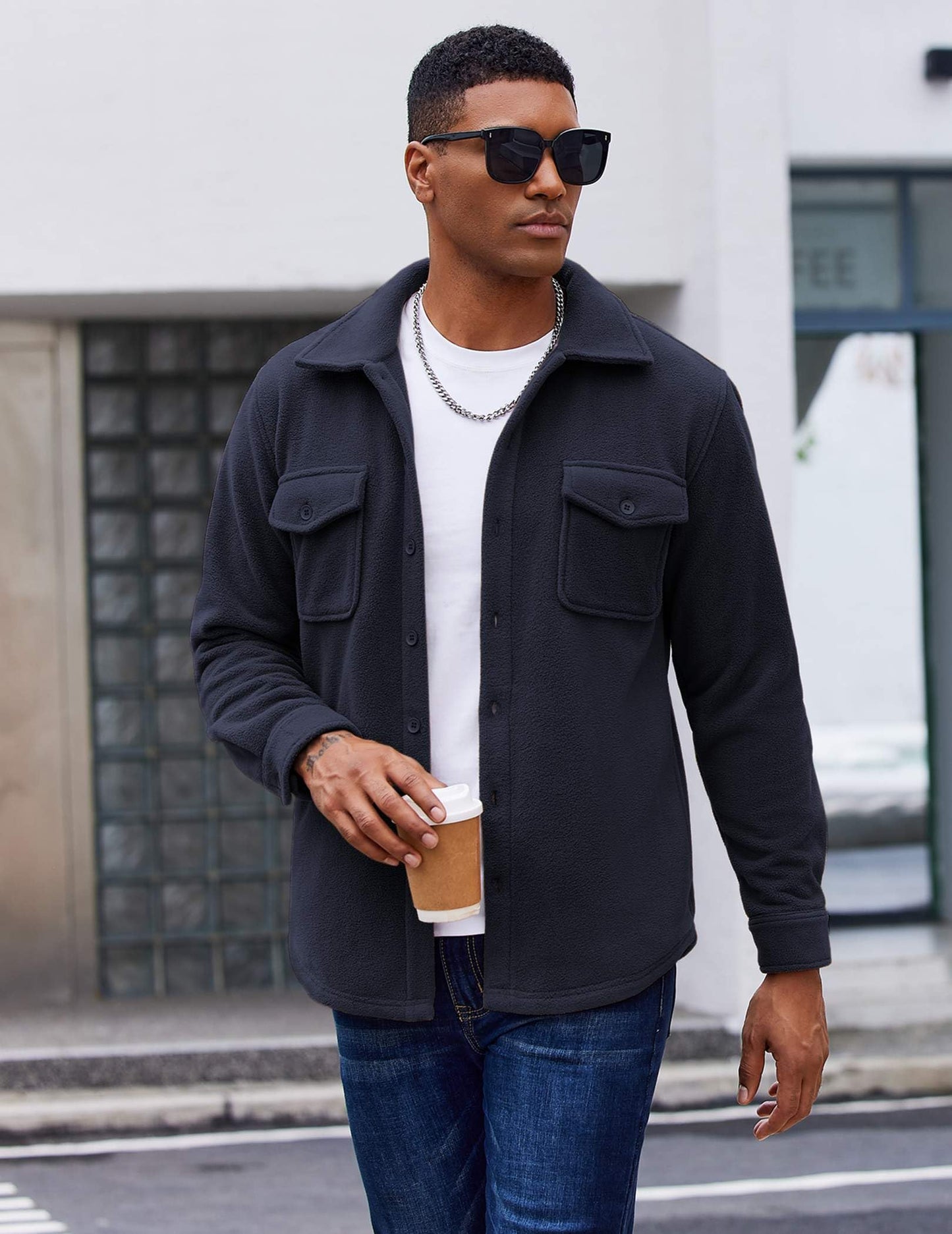 COOFANDY Men's Polar Fleece Shirt Jacket Long Sleeve Casual Button Down Shirts Shacket with Pockets