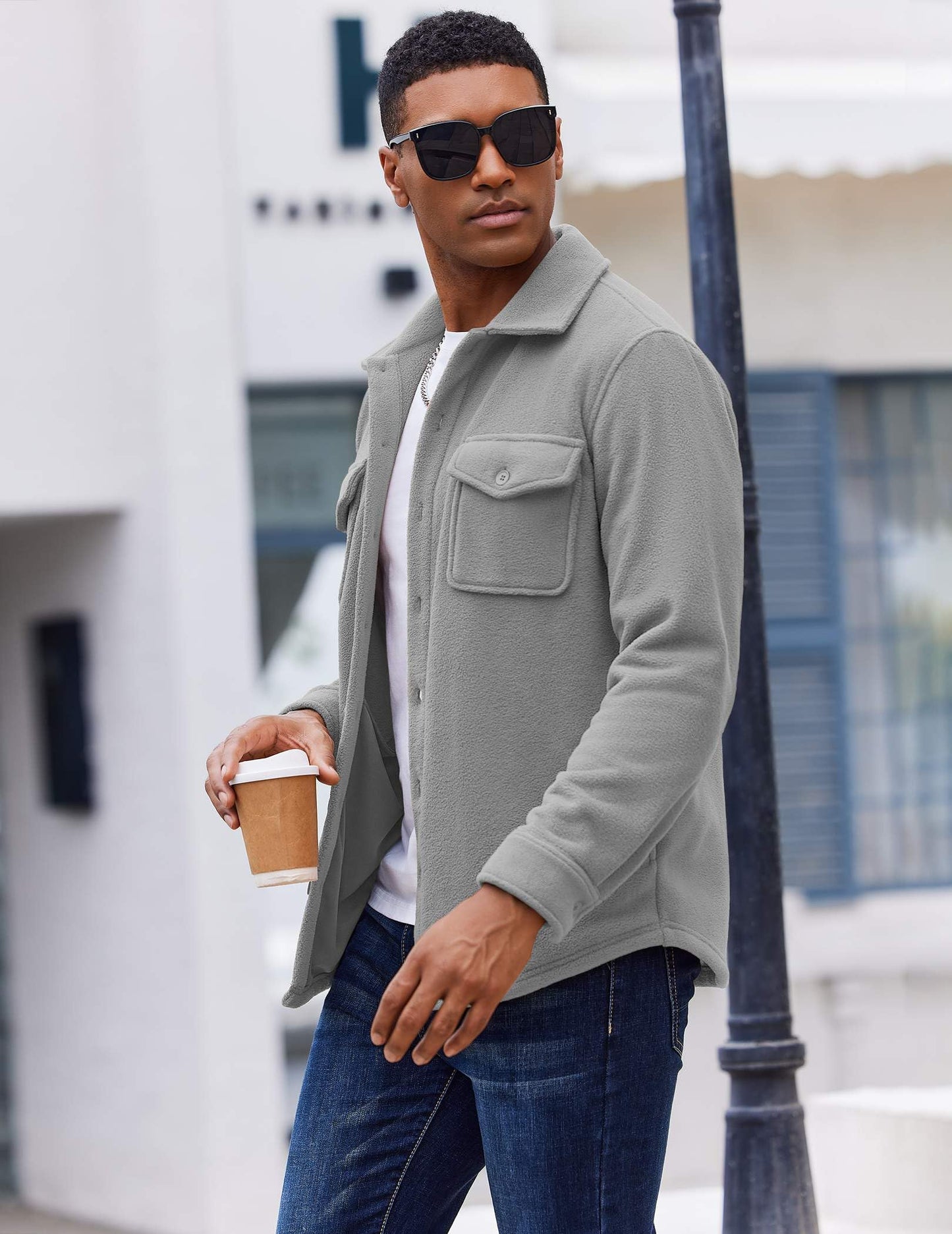 COOFANDY Men's Polar Fleece Shirt Jacket Long Sleeve Casual Button Down Shirts Shacket with Pockets