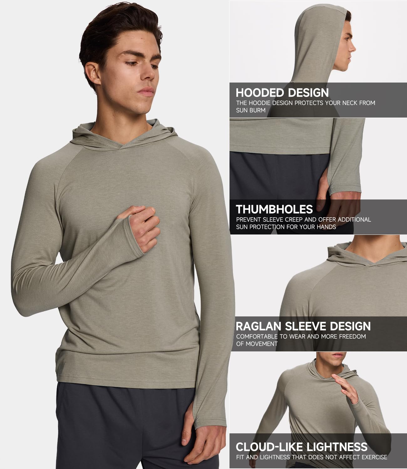 BAMBOO COOL Men's UPF 50+ Athletic Sun Protection Hoodies Long Sleeve SPF Fishing Thumbhole Shirts Hooded Soft Lightweight