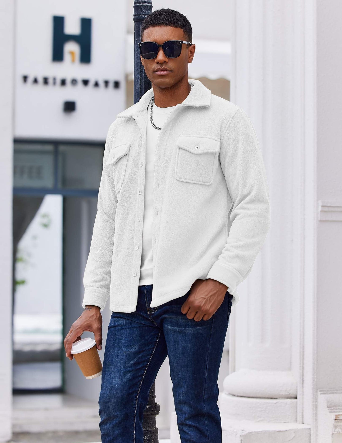 COOFANDY Men's Polar Fleece Shirt Jacket Long Sleeve Casual Button Down Shirts Shacket with Pockets