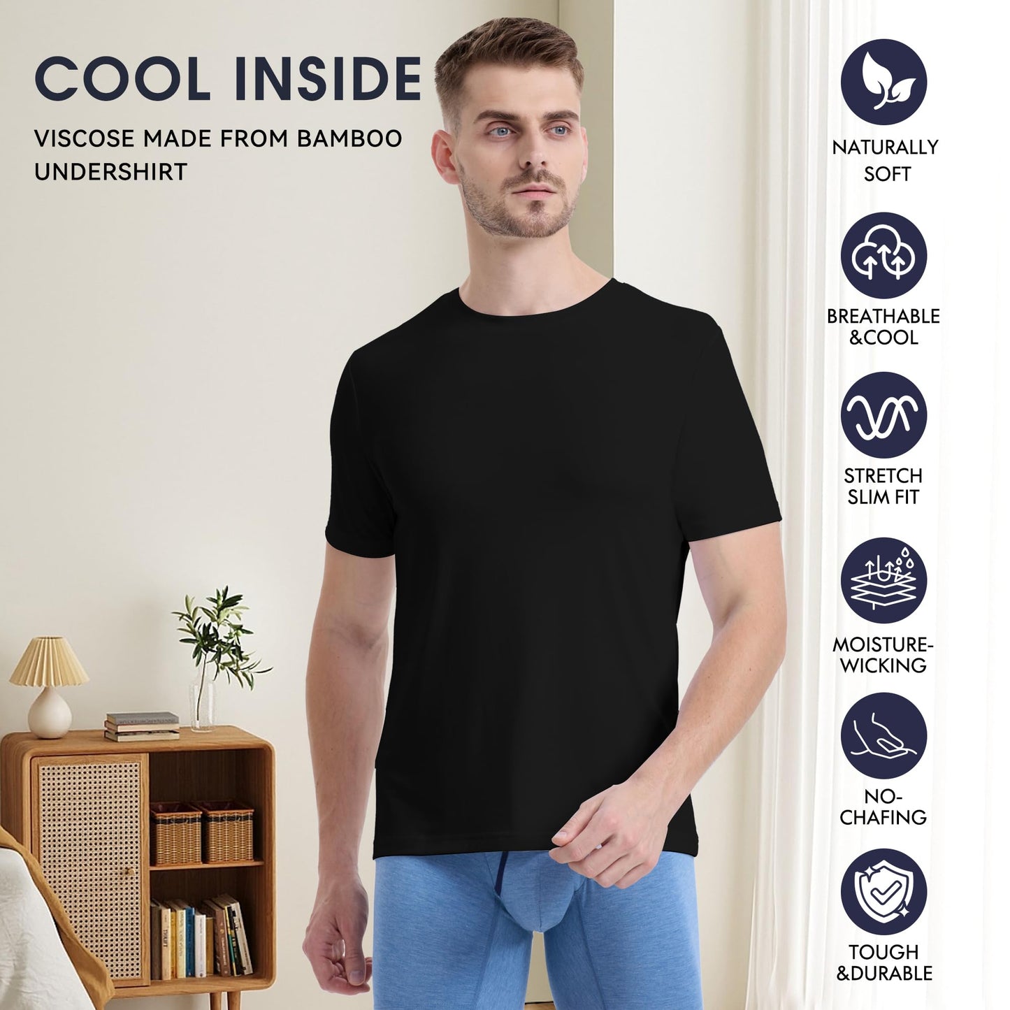 BAMBOO COOL Men’s Undershirts Slim Fit V-Neck/Crewneck, Moisture-Wicking T-Shirts Soft Stretch White Tees for Men, 3 Pack