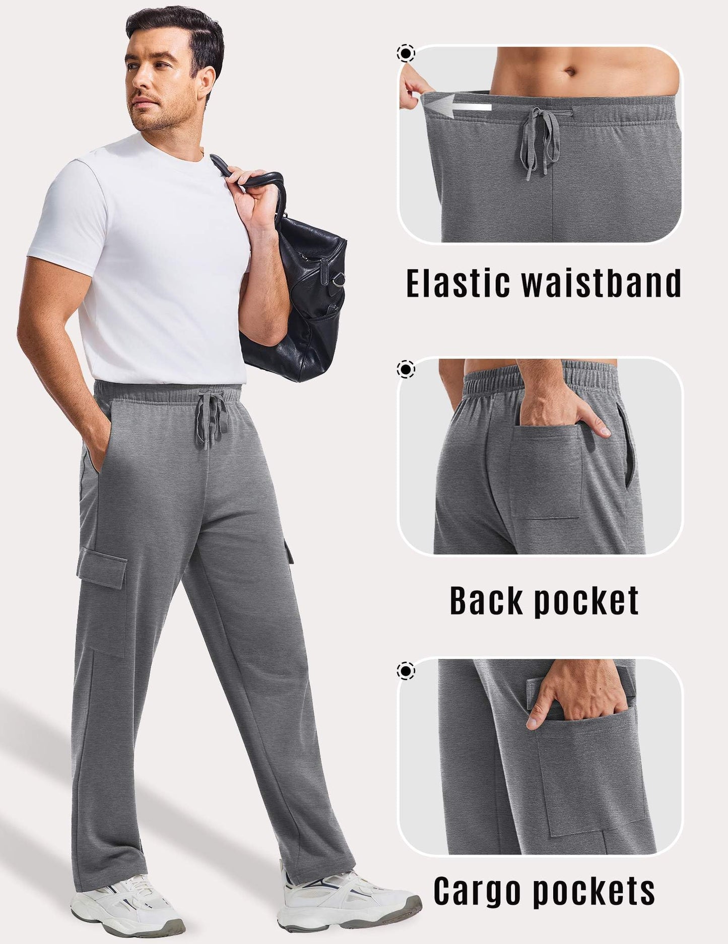 PINSPARK Cargo Sweatpants for Men with Pockets Open Bottom Baggy Cotton Sweatpants Lightweight Lounge Sweat Pants for Yoga
