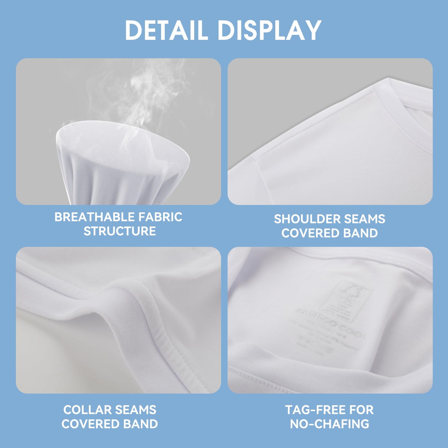 BAMBOO COOL Men’s Undershirts Slim Fit V-Neck/Crewneck, Moisture-Wicking T-Shirts Soft Stretch White Tees for Men, 3 Pack