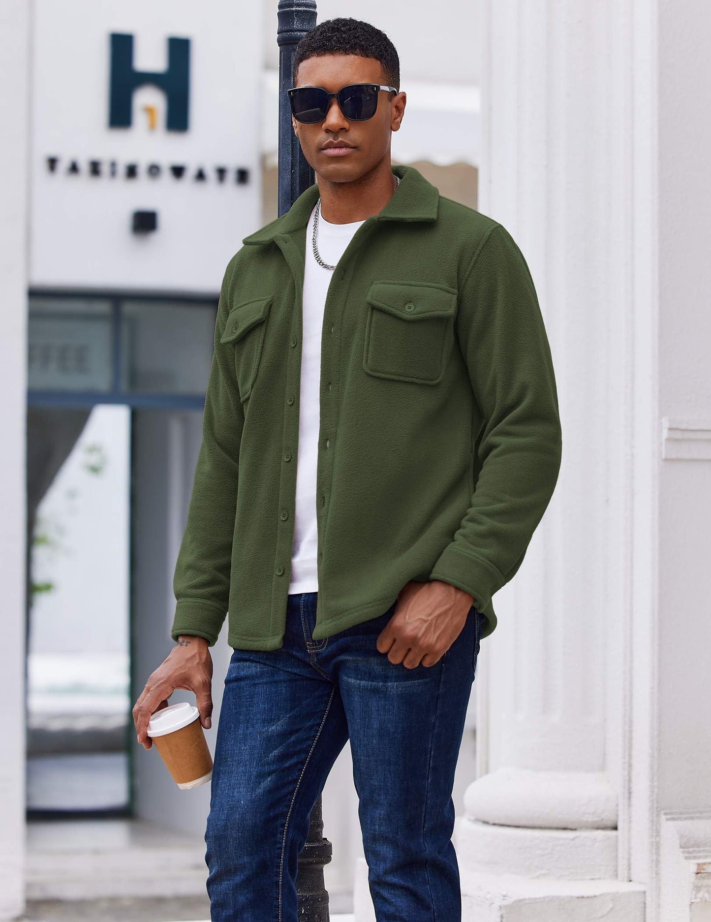 COOFANDY Men's Polar Fleece Shirt Jacket Long Sleeve Casual Button Down Shirts Shacket with Pockets