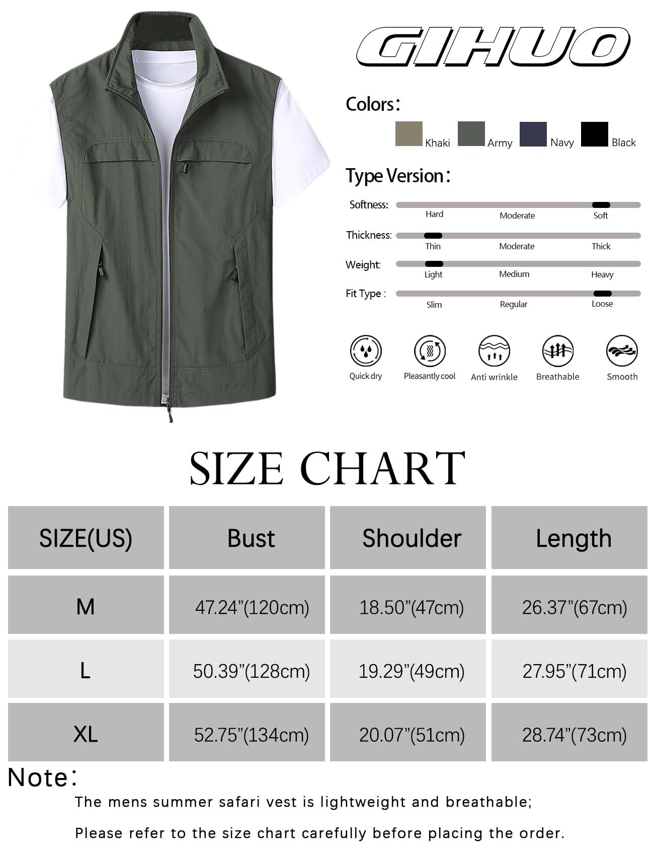 Gihuo Mens Casual Lightweight Travel Vest Summer Utility Safari Vest Sleeveless Jackets for Travel Hiking Fishing