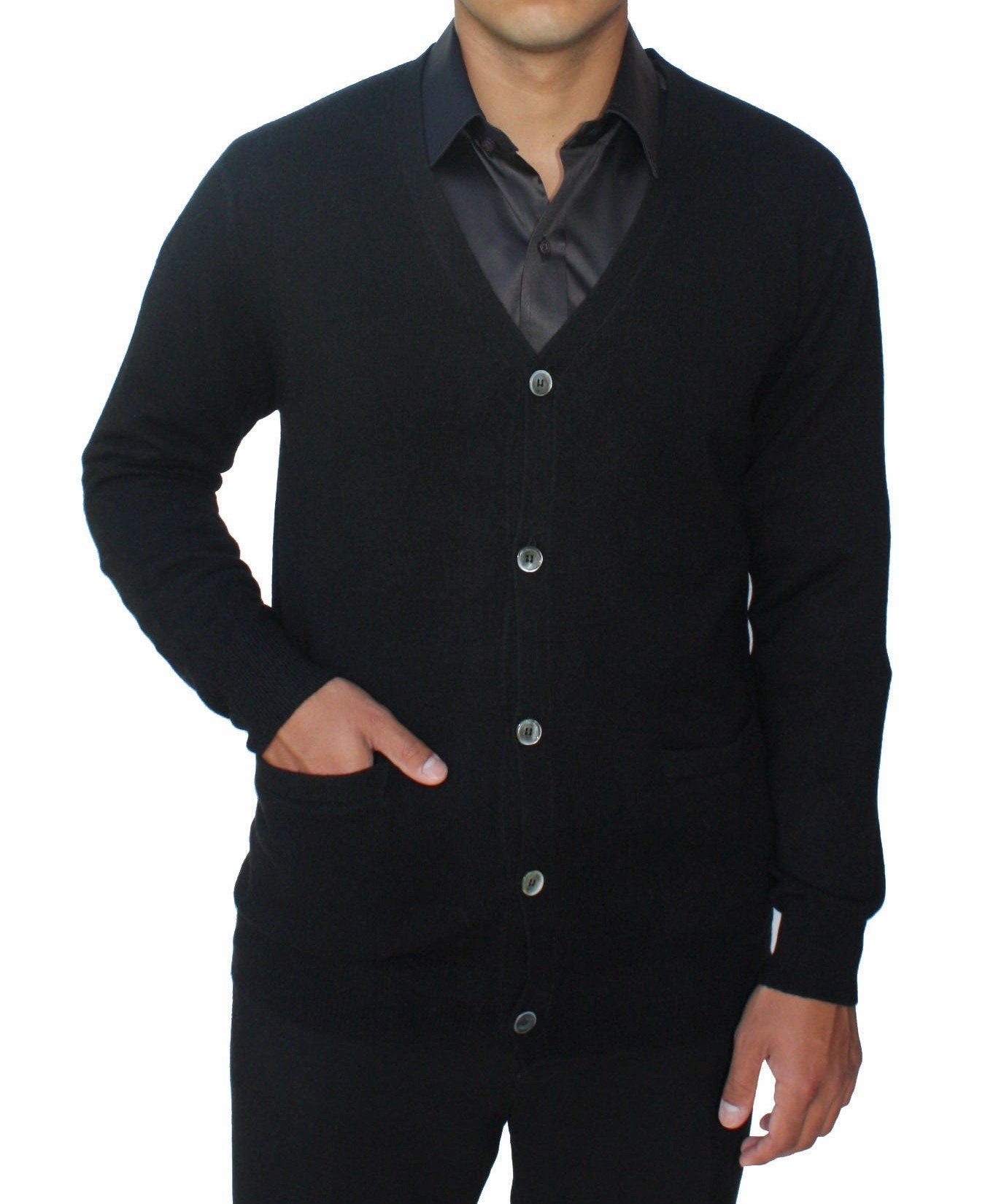 Cashmere Boutique Men's 100% Pure Cashmere Front Button Long Sleeve Cardigan Sweater