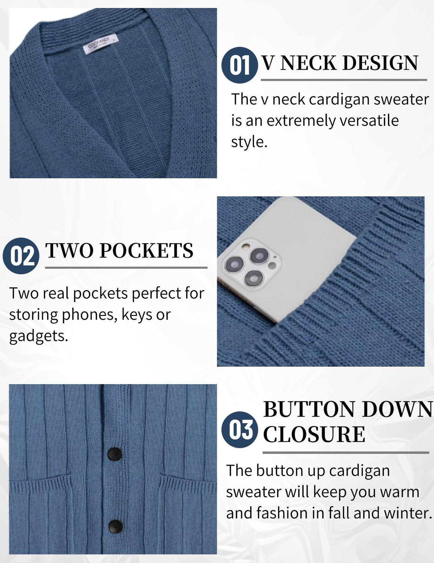 COOFANDY Men's Cardigan Sweater Cable Knit V Neck Button up Sweaters Ribbed Cardigan Sweater with Pockets