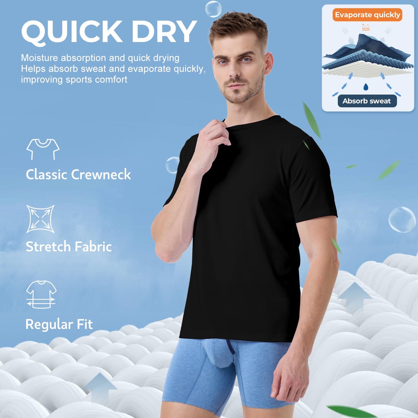 BAMBOO COOL Men’s Undershirts Slim Fit V-Neck/Crewneck, Moisture-Wicking T-Shirts Soft Stretch White Tees for Men, 3 Pack