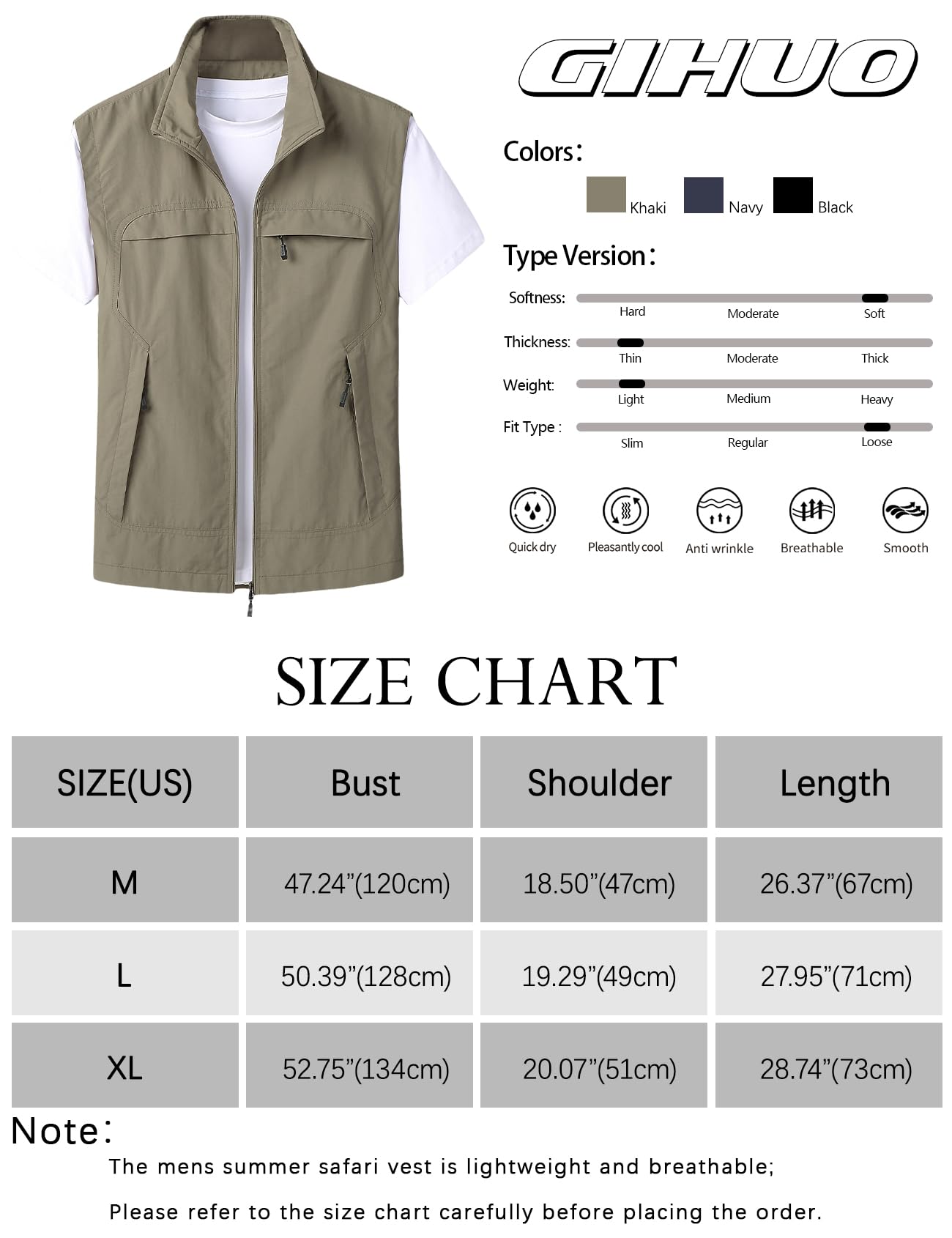 Gihuo Mens Casual Lightweight Travel Vest Summer Utility Safari Vest Sleeveless Jackets for Travel Hiking Fishing