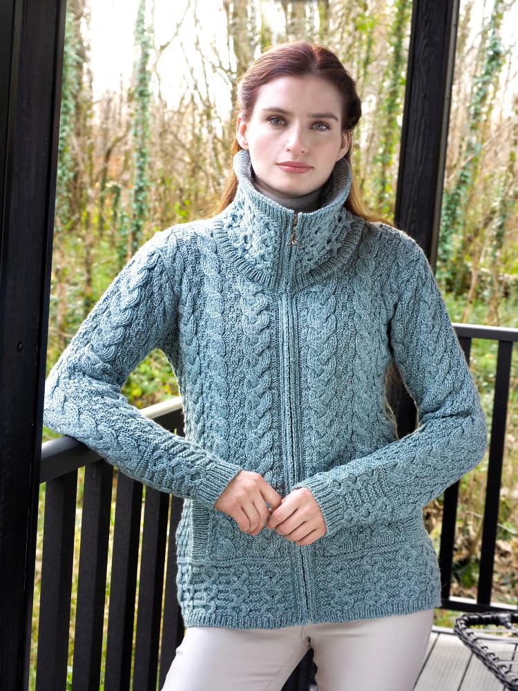 Aran Crafts Irish Women's Double Collar Zip Cardigan (100% Merino Wool)