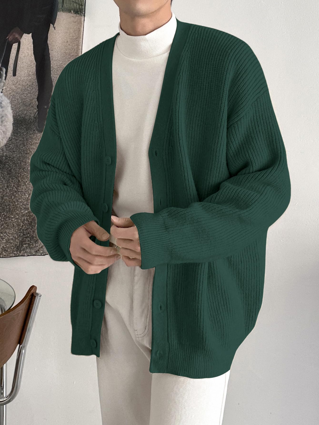 Floerns Men's Casual Long Sleeve Button Front V Neck Rib Knit Cardigan Sweaters