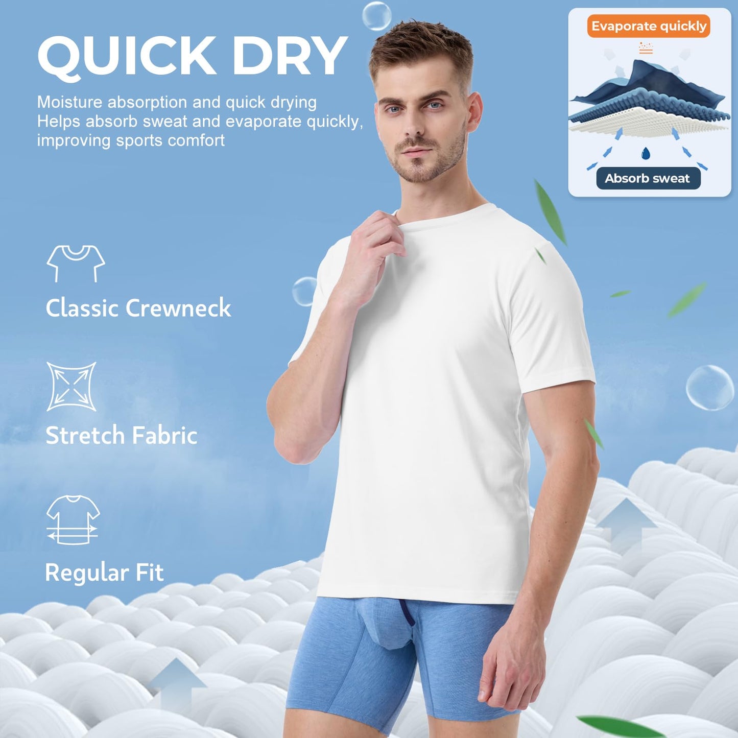 BAMBOO COOL Men’s Undershirts Slim Fit V-Neck/Crewneck, Moisture-Wicking T-Shirts Soft Stretch White Tees for Men, 3 Pack