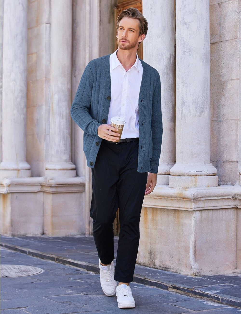 COOFANDY Men's Cardigan Sweater Cable Knit V Neck Button up Sweaters Ribbed Cardigan Sweater with Pockets