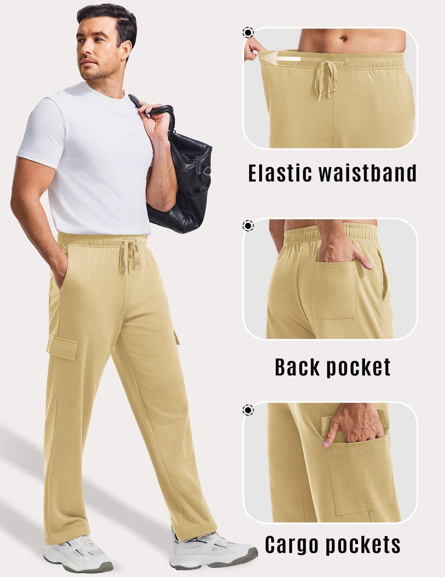PINSPARK Cargo Sweatpants for Men with Pockets Open Bottom Baggy Cotton Sweatpants Lightweight Lounge Sweat Pants for Yoga