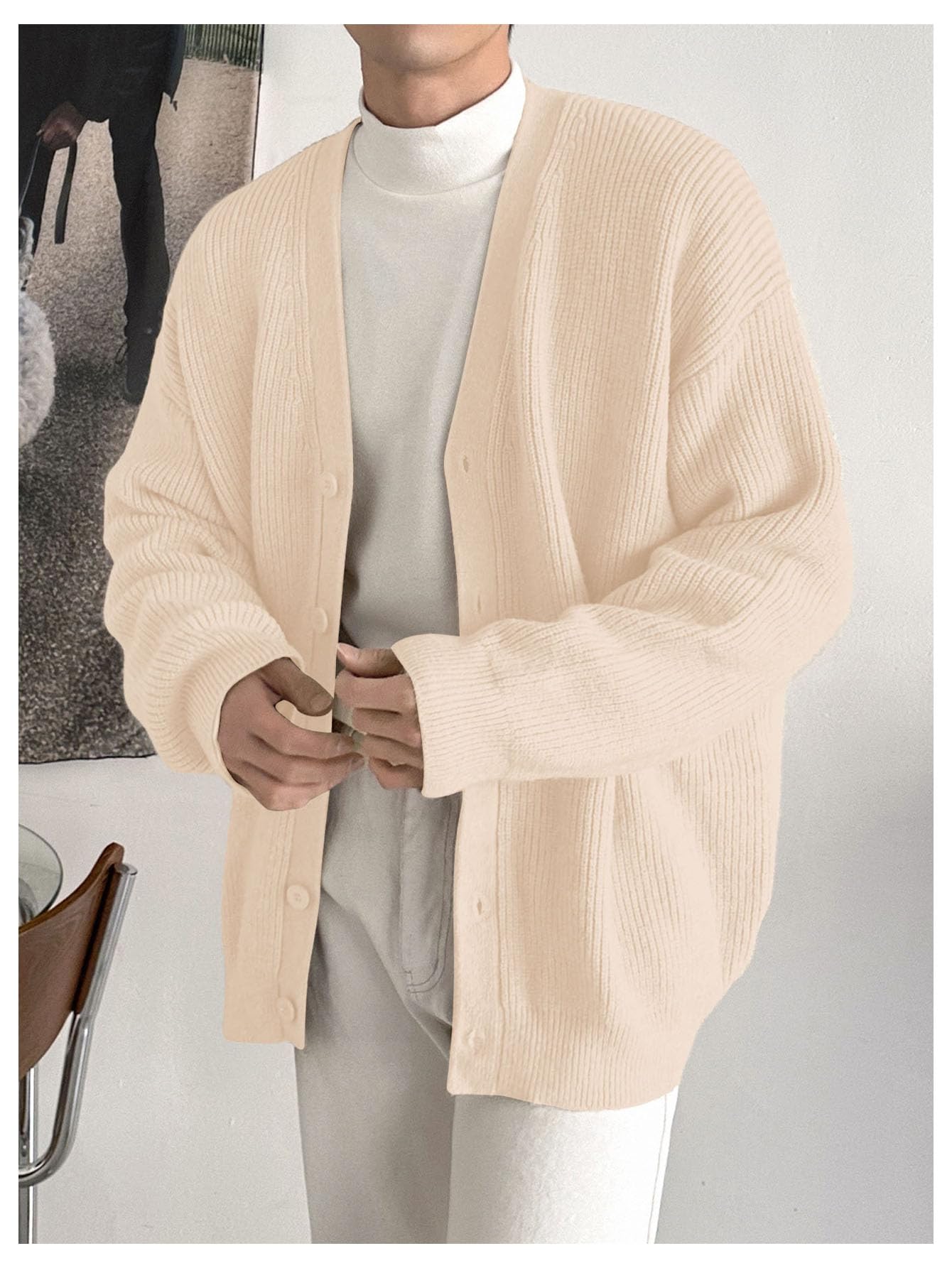 Floerns Men's Casual Long Sleeve Button Front V Neck Rib Knit Cardigan Sweaters
