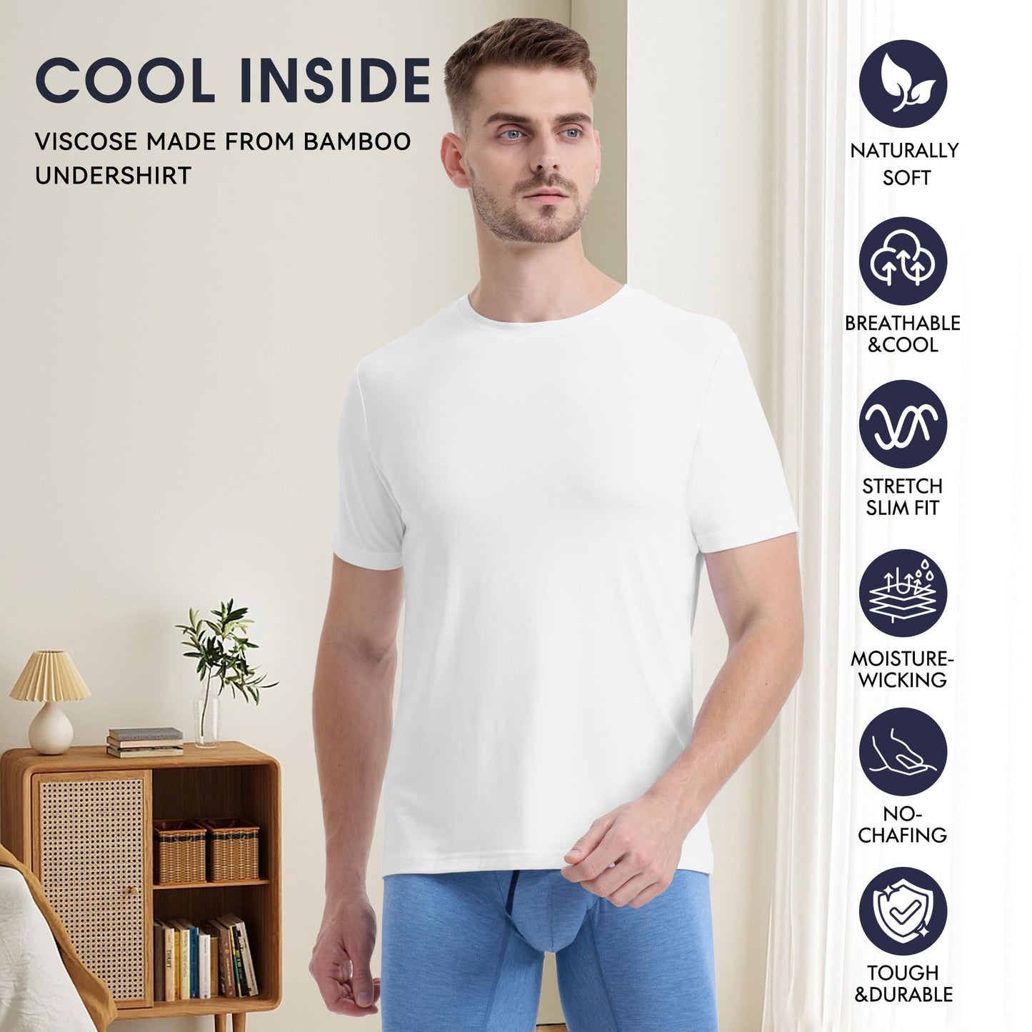 BAMBOO COOL Men’s Undershirts Slim Fit V-Neck/Crewneck, Moisture-Wicking T-Shirts Soft Stretch White Tees for Men, 3 Pack