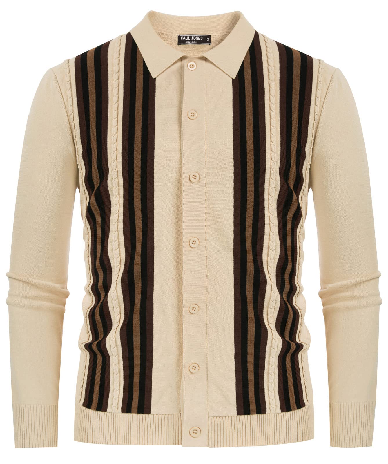 PJ PAUL JONES Mens Vintage Striped Knit Polo Shirt Long Sleeve Button Down Cardigan Sweater