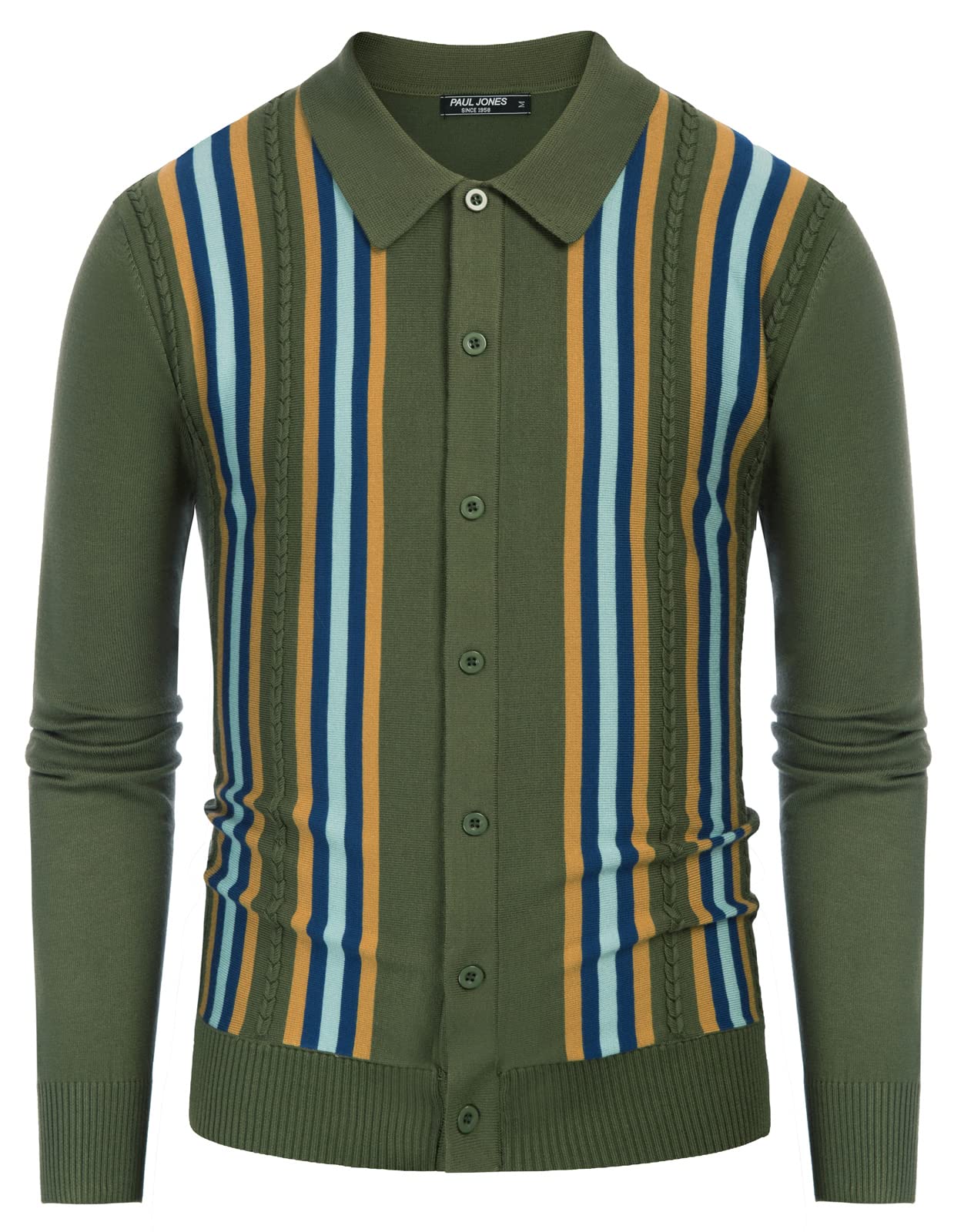 PJ PAUL JONES Mens Vintage Striped Knit Polo Shirt Long Sleeve Button Down Cardigan Sweater