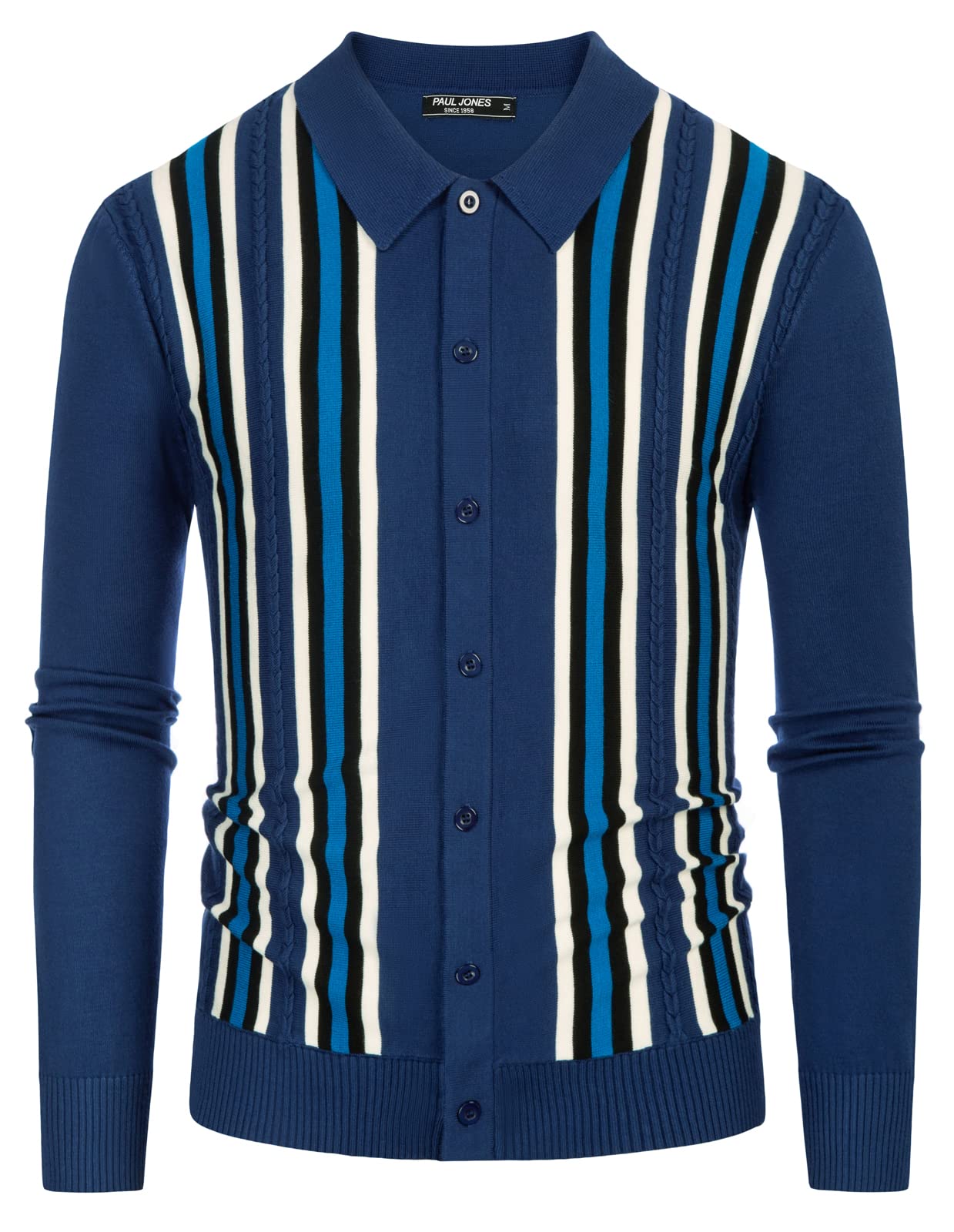 PJ PAUL JONES Mens Vintage Striped Knit Polo Shirt Long Sleeve Button Down Cardigan Sweater