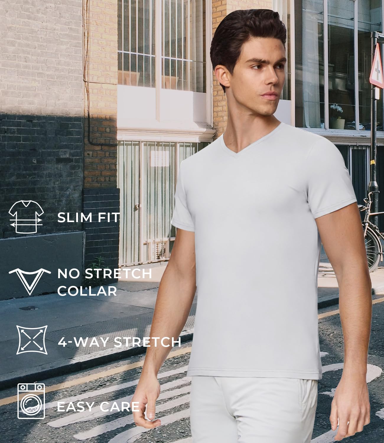 BAMBOO COOL Men’s Undershirts Slim Fit V-Neck/Crewneck, Moisture-Wicking T-Shirts Soft Stretch White Tees for Men, 3 Pack