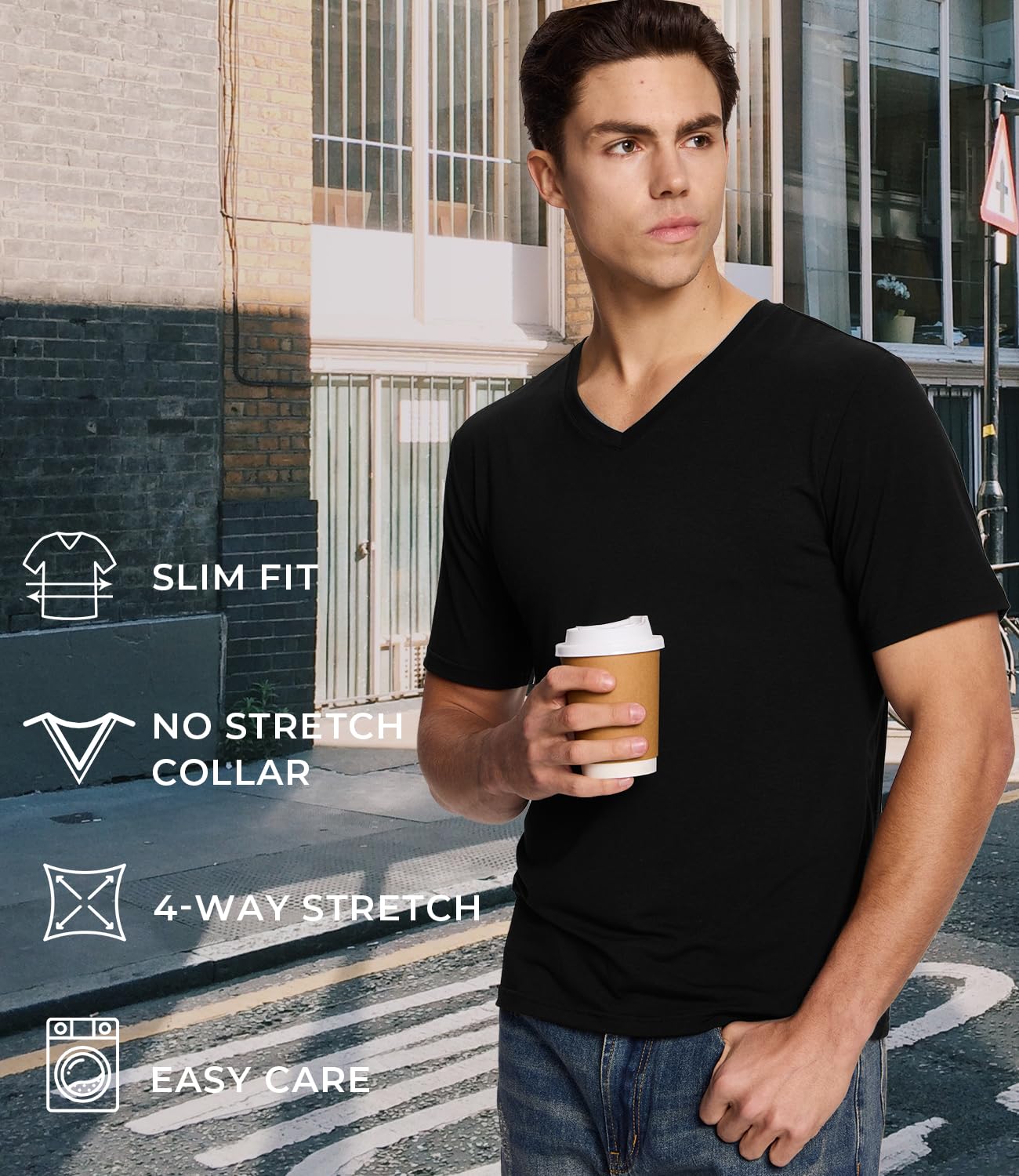 BAMBOO COOL Men’s Undershirts Slim Fit V-Neck/Crewneck, Moisture-Wicking T-Shirts Soft Stretch White Tees for Men, 3 Pack